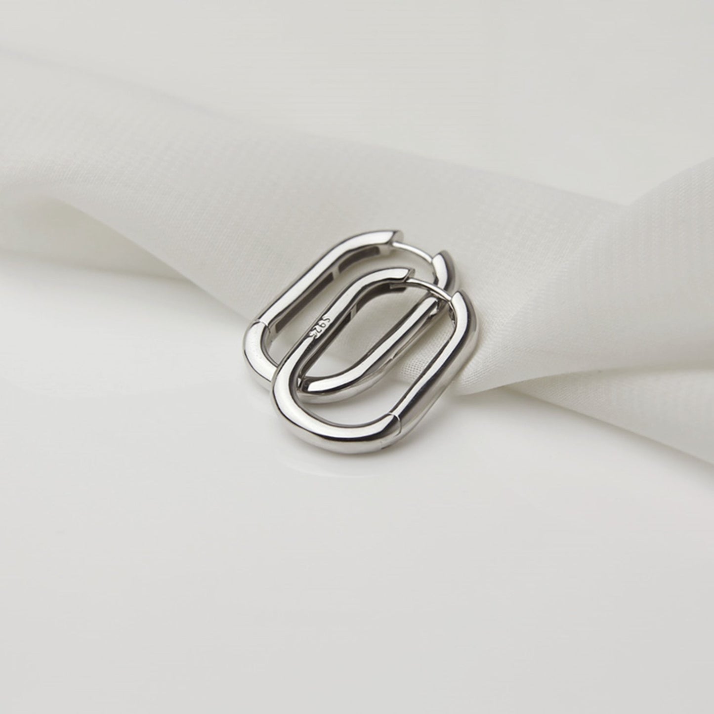 Rhodium-plated Sterling Silver Oval Hoop Earrings with Square Opening