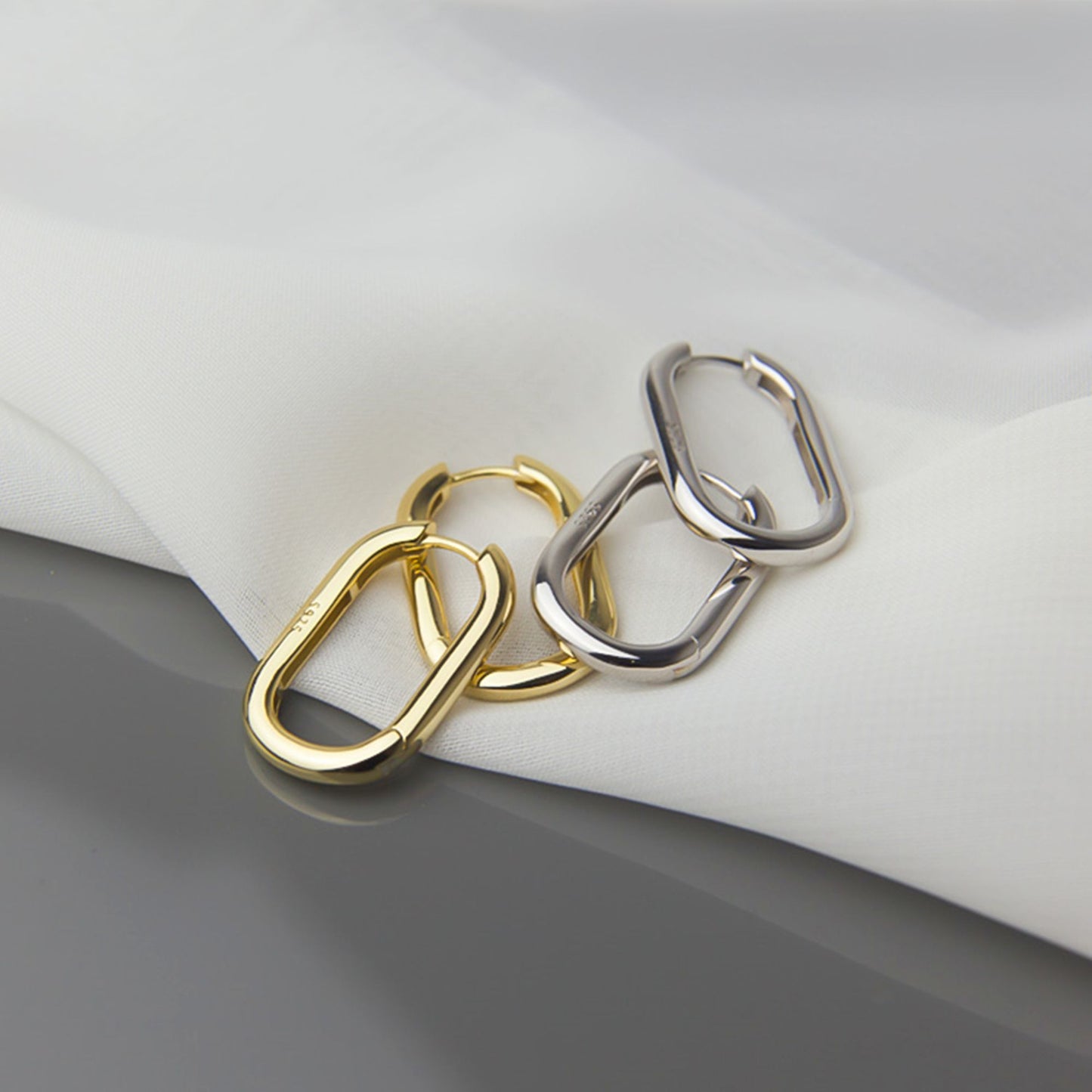 Rhodium-plated Sterling Silver Oval Hoop Earrings with Square Opening