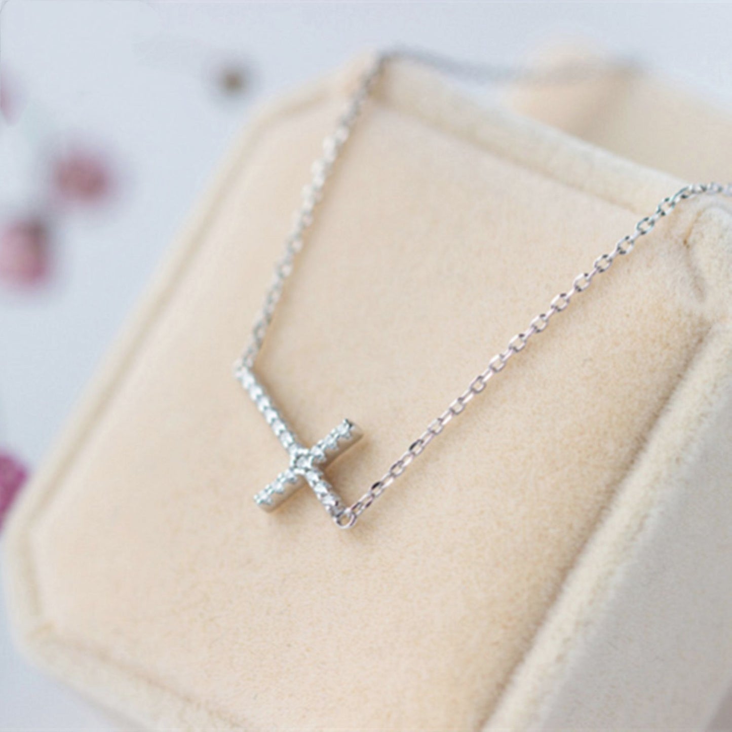 Sterling Silver Sideways Cross Micro Pave CZ Horizontal Pendant Necklace - sugarkittenlondon
