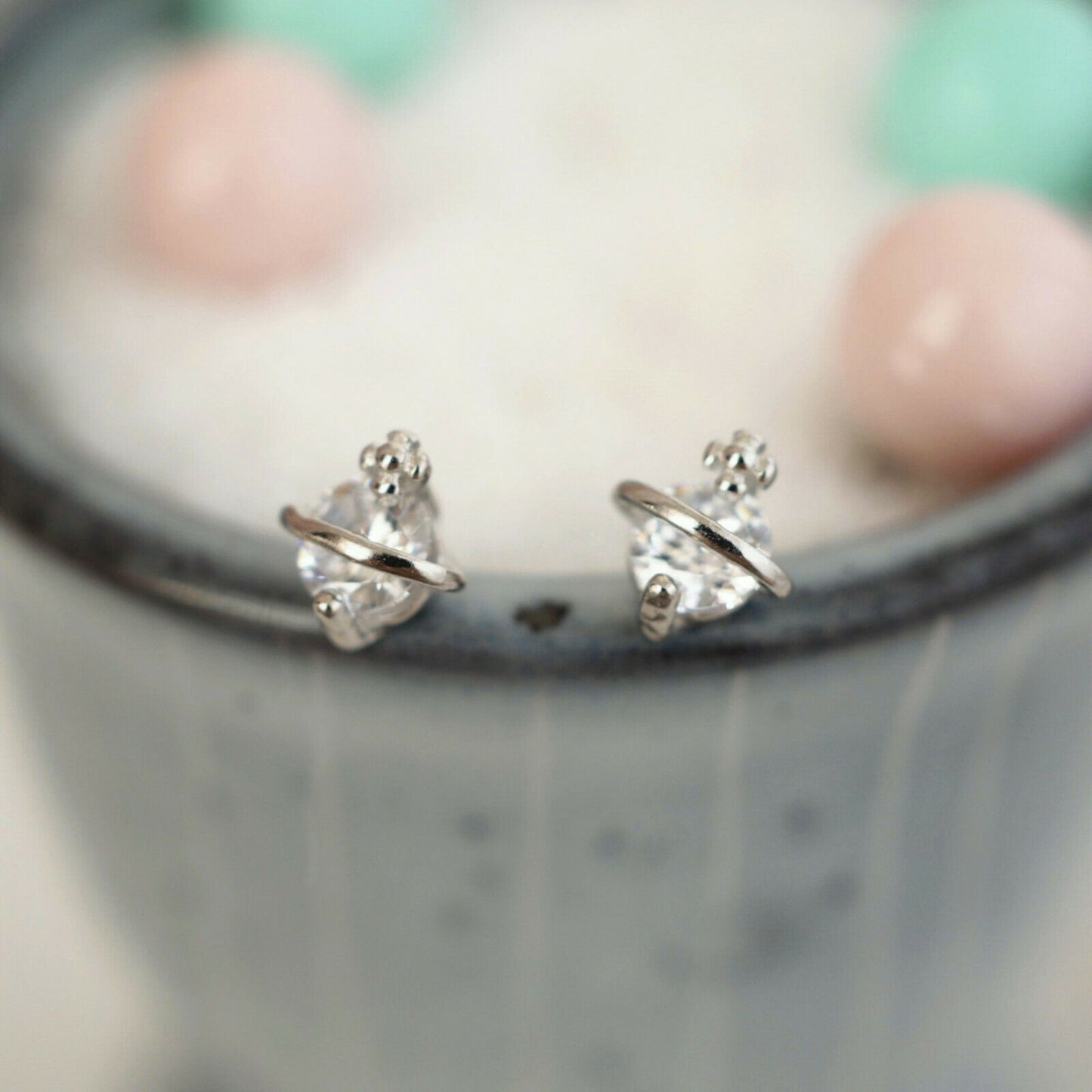 4mm CZ Stud Earrings with 925 Sterling Silver Saturn Space Star Design