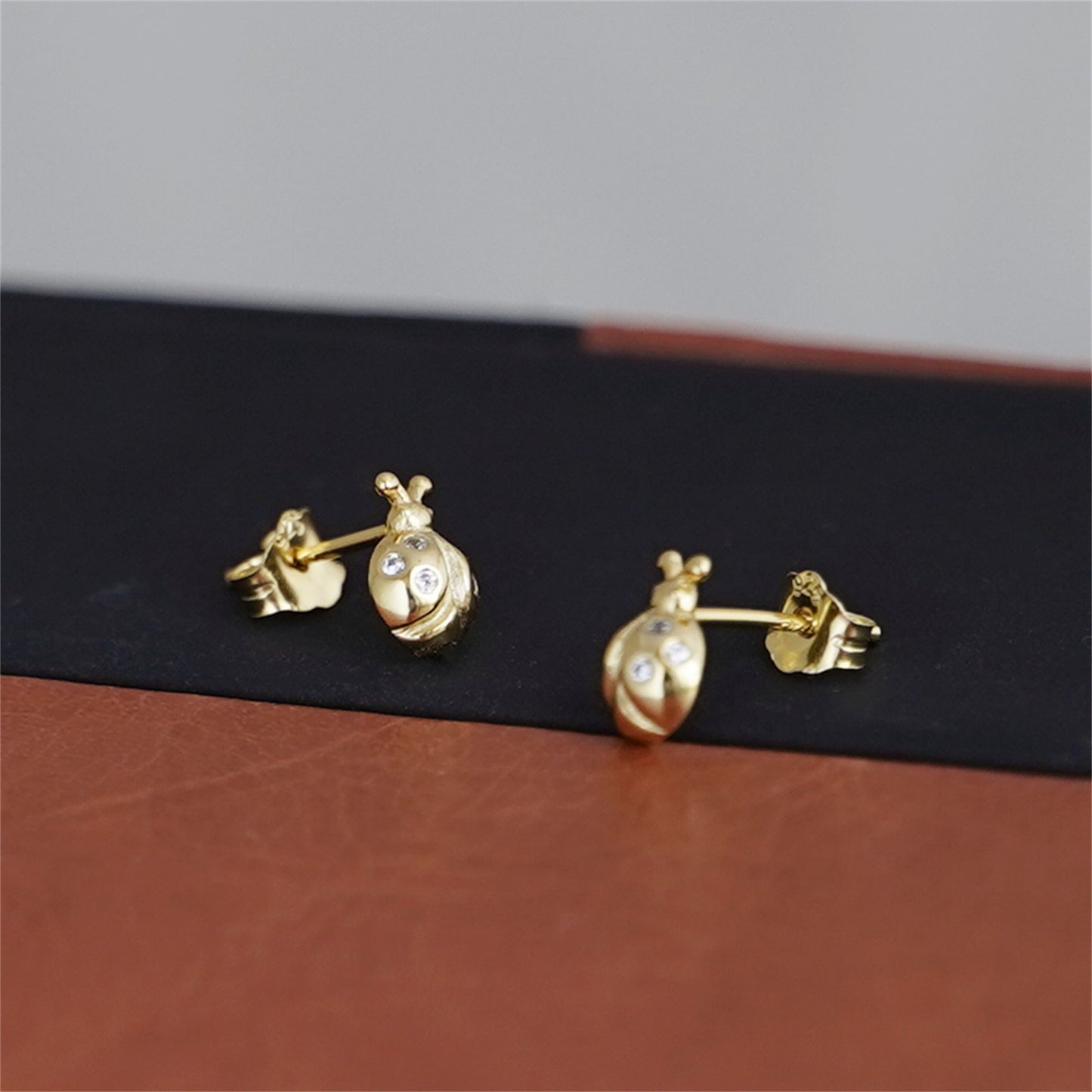 18K Gold on Sterling Silver Ladybird Stud Earrings with CZ