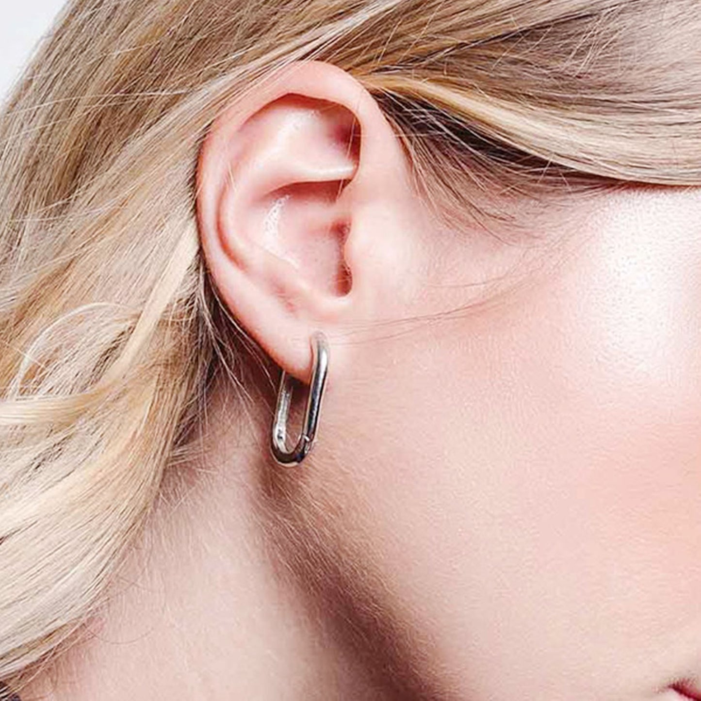 Rhodium-plated Sterling Silver Oval Hoop Earrings with Square Opening