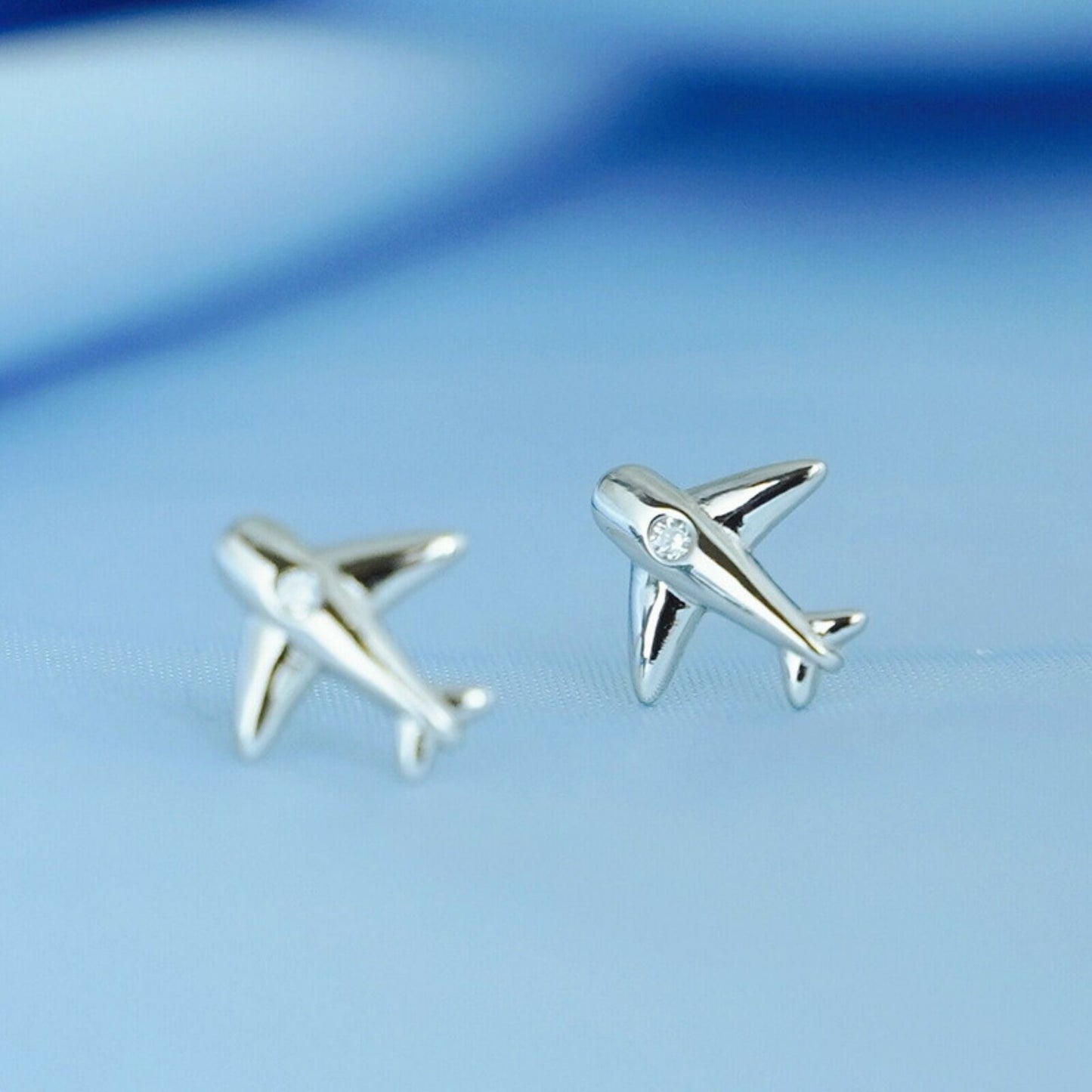 925 Sterling Silver Airplane Stud Earrings with Cubic Zirconia
