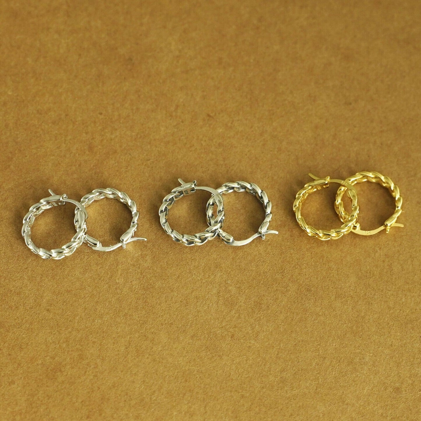 Unisex Sterling Silver Curb Chain Hoop Earrings with French Lock Closure