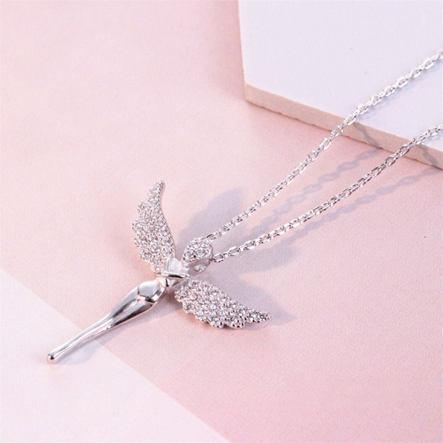 Sterling Silver Angel Paved CZ Wing Feather Cross Pendant Necklace - sugarkittenlondon