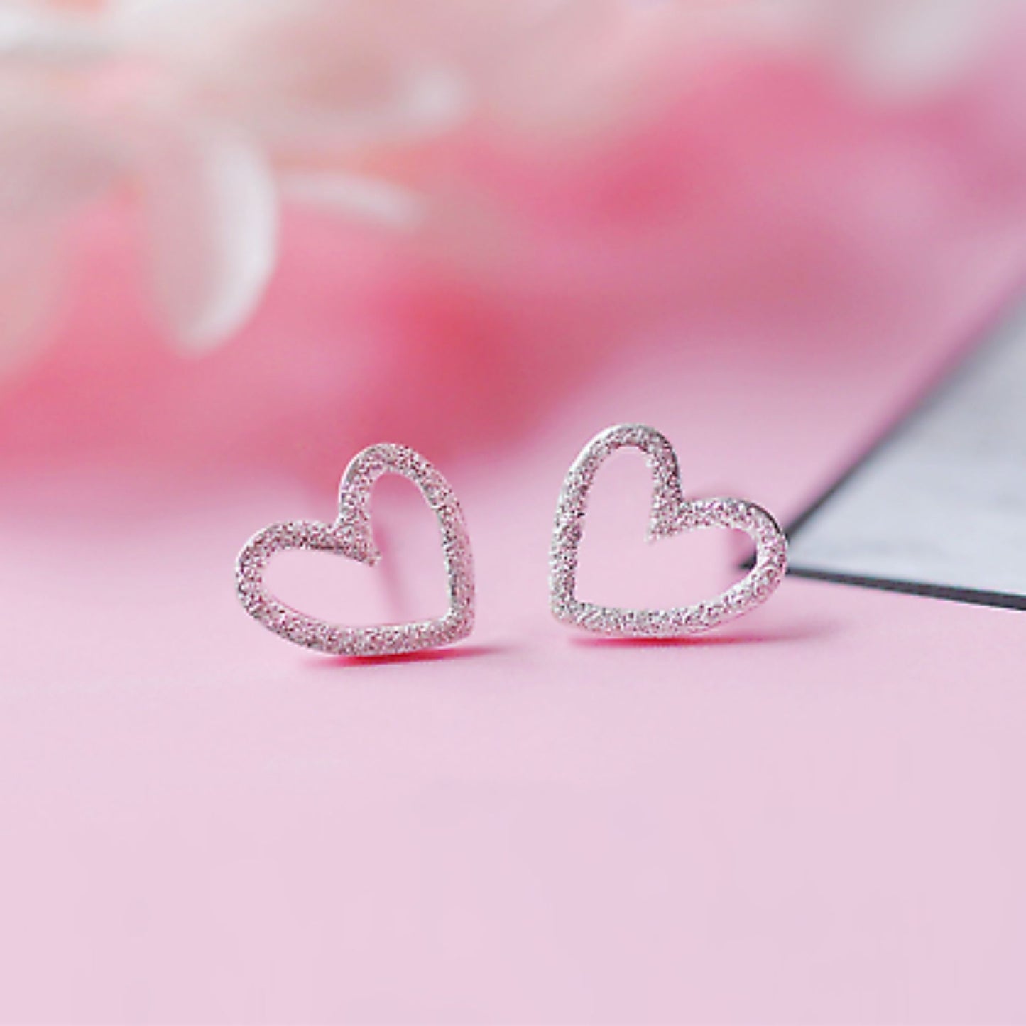 Sterling Silver Glittering Sandblast Floating Love Heart Stud Earrings - sugarkittenlondon