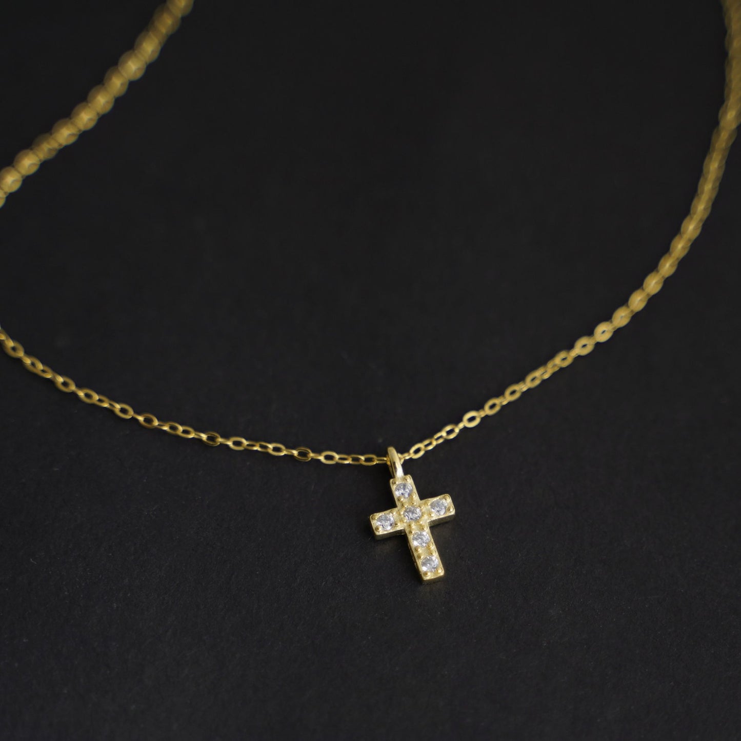 Sterling Silver Small Cross Paved CZ Charm Pendant Chain Necklace 2 Tones - sugarkittenlondon
