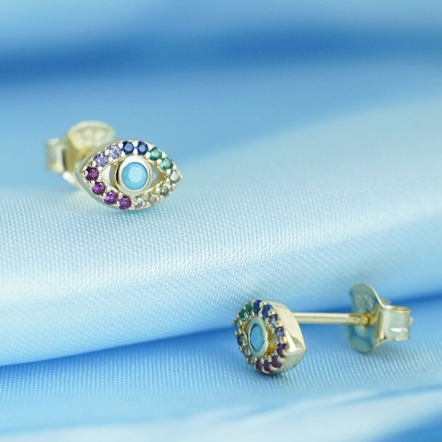 Sterling Silver Evil Eye Stud Earrings with 14K Gold Plating, Rainbow CZ and Turquoise