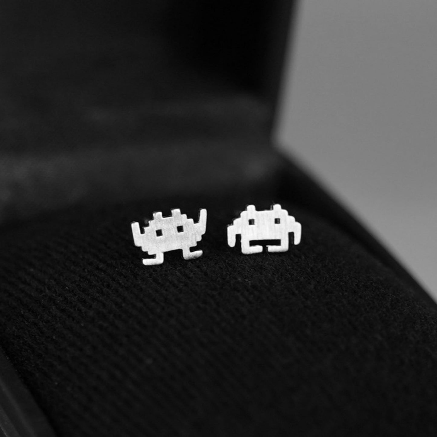 Sterling Silver Brushed Space Invader Aliens Robot Pixel Game Stud Earrings - sugarkittenlondon