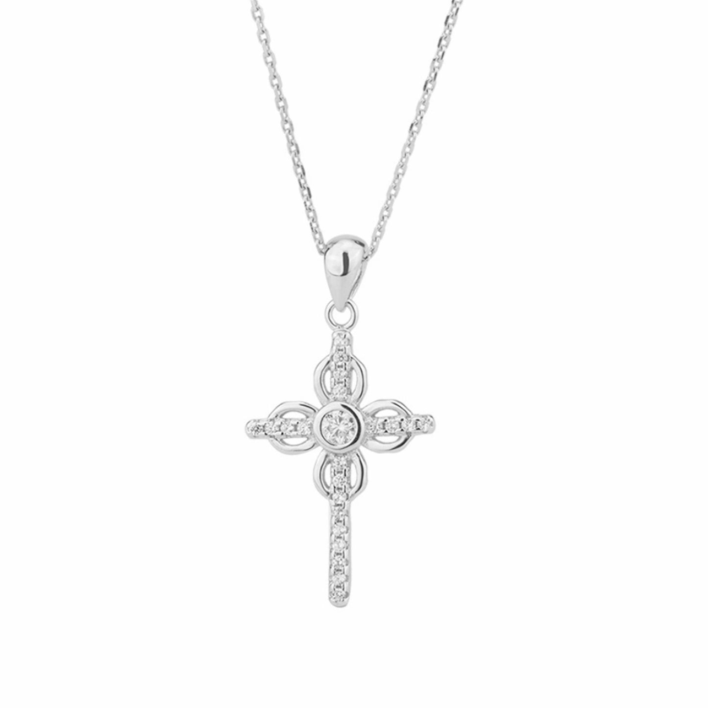 Sterling Silver Thin Paved CZ Ribbon Cross Bezel CZ Centre Pendant Necklace - sugarkittenlondon