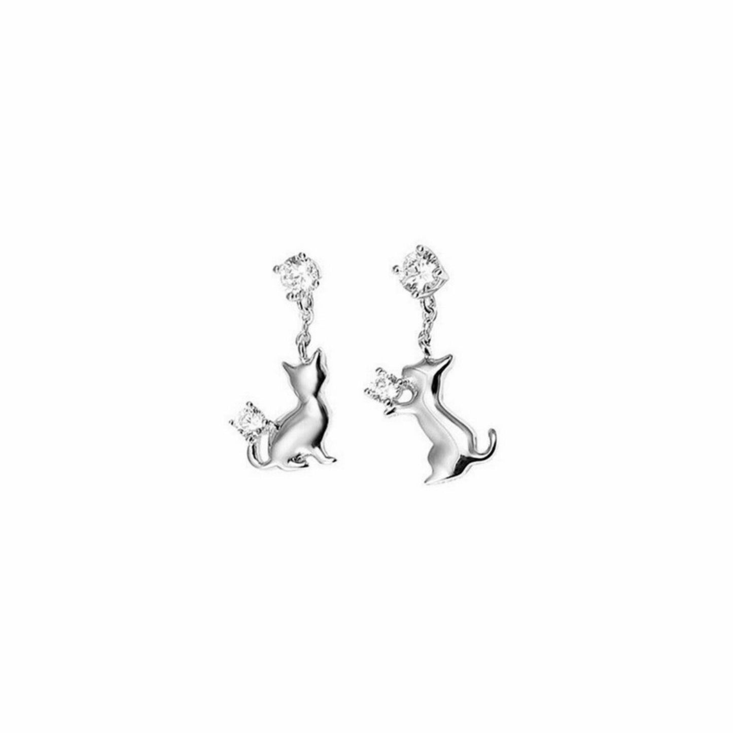 925 Sterling Silver CZ Courting Cat Playful Kitten Drop Stud Earrings