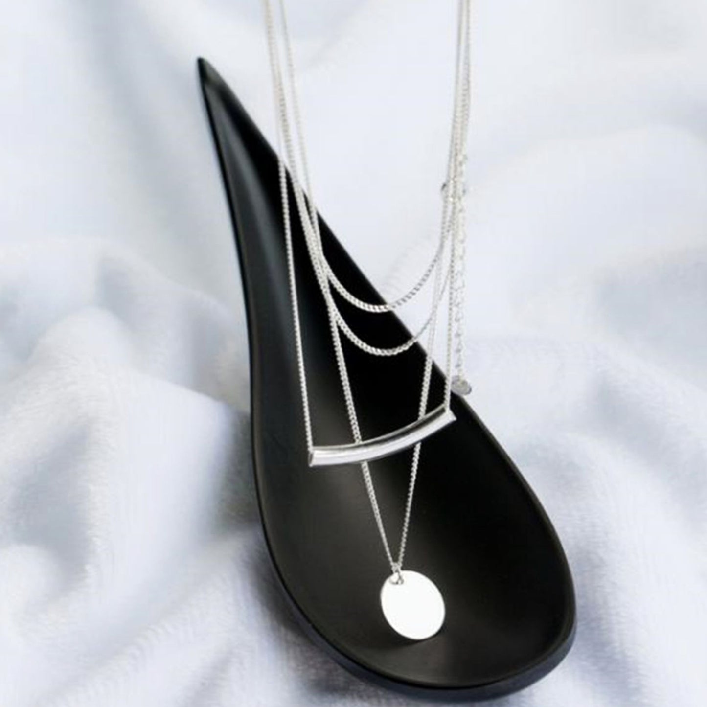 Sterling Silver Double Layer Disc Dot Pebble Charm Tube Curb Chain Necklace - sugarkittenlondon