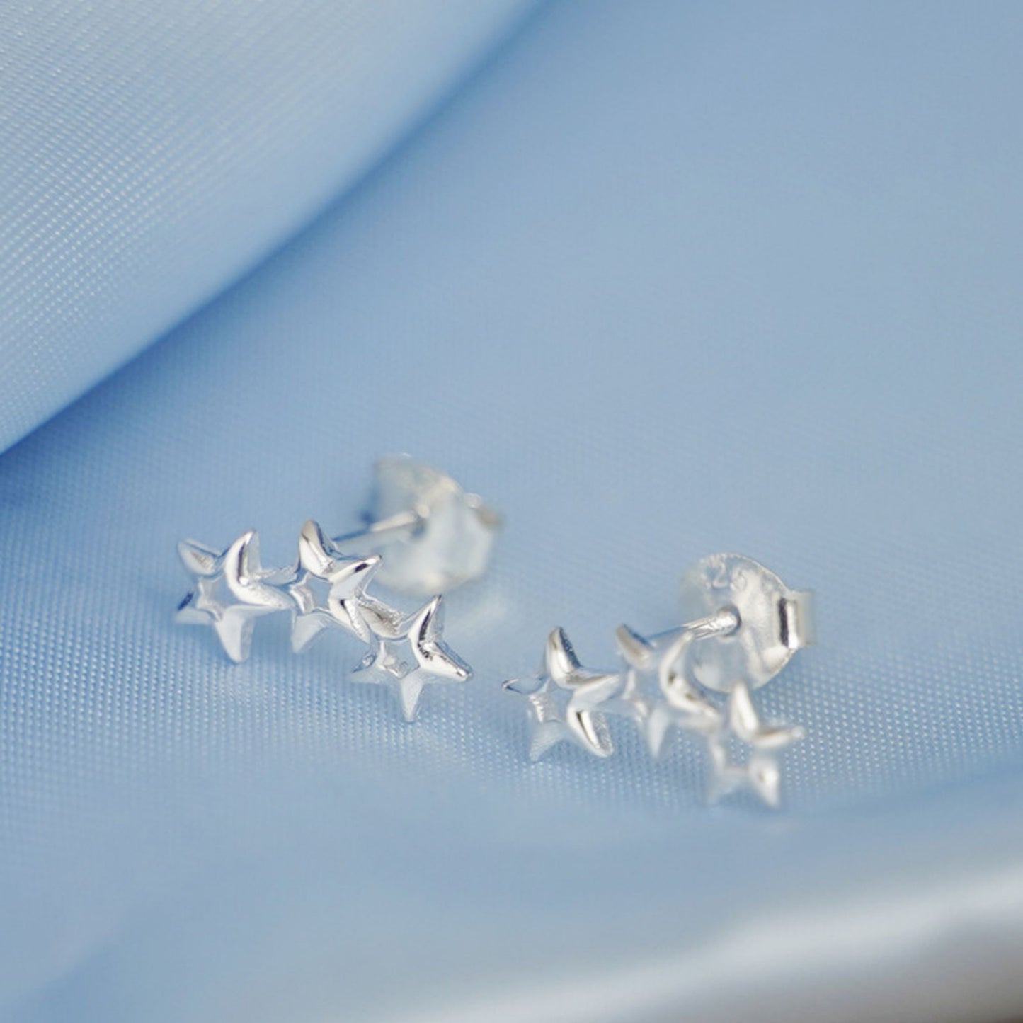 Sterling Silver Triple Hollow Lucky Stars Trinity Line Girls Stud Earrings Boxed - sugarkittenlondon