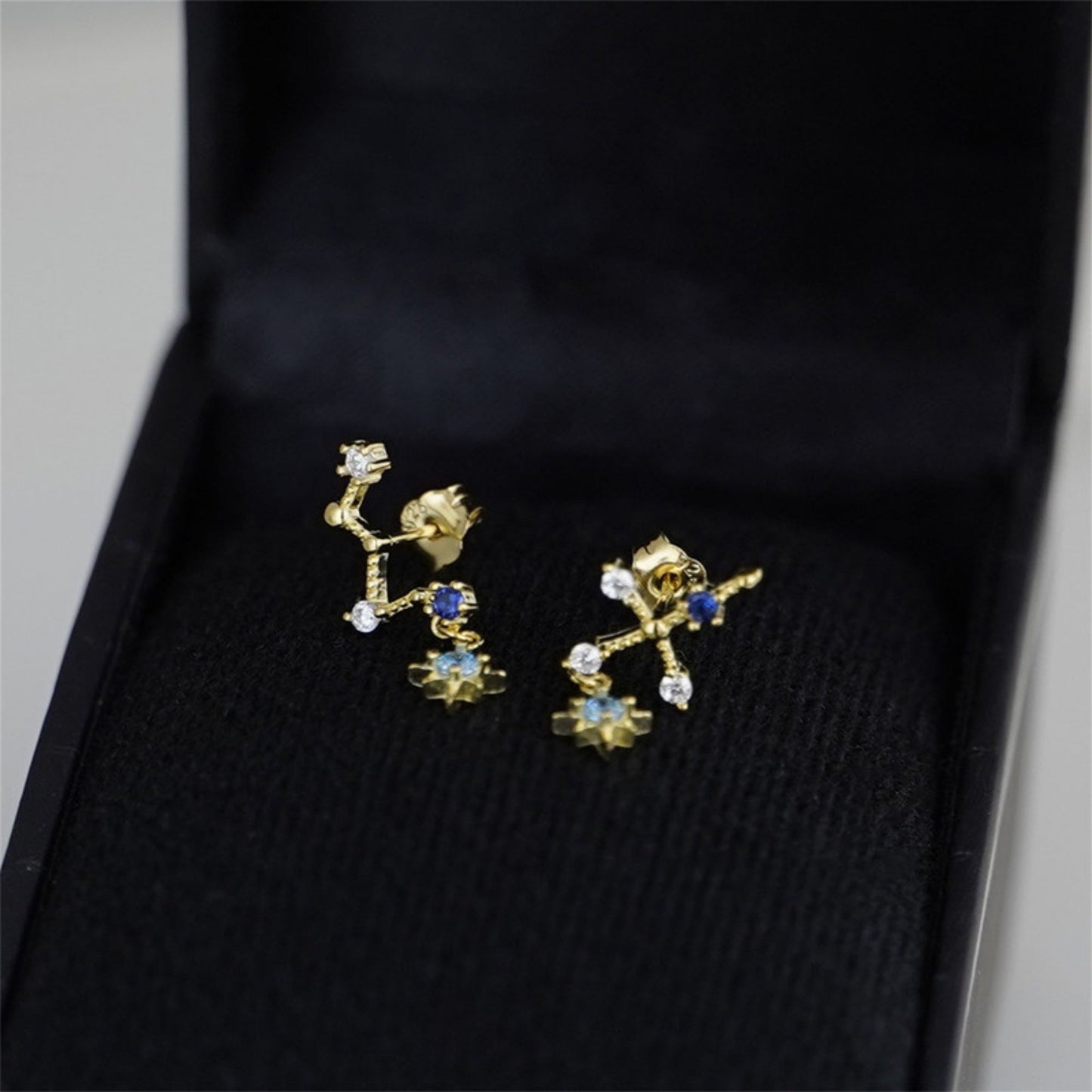 18K Gold on Sterling Silver CZ Big Dipper Blue Polaris Star Cross Climber Drop Earrings - sugarkittenlondon