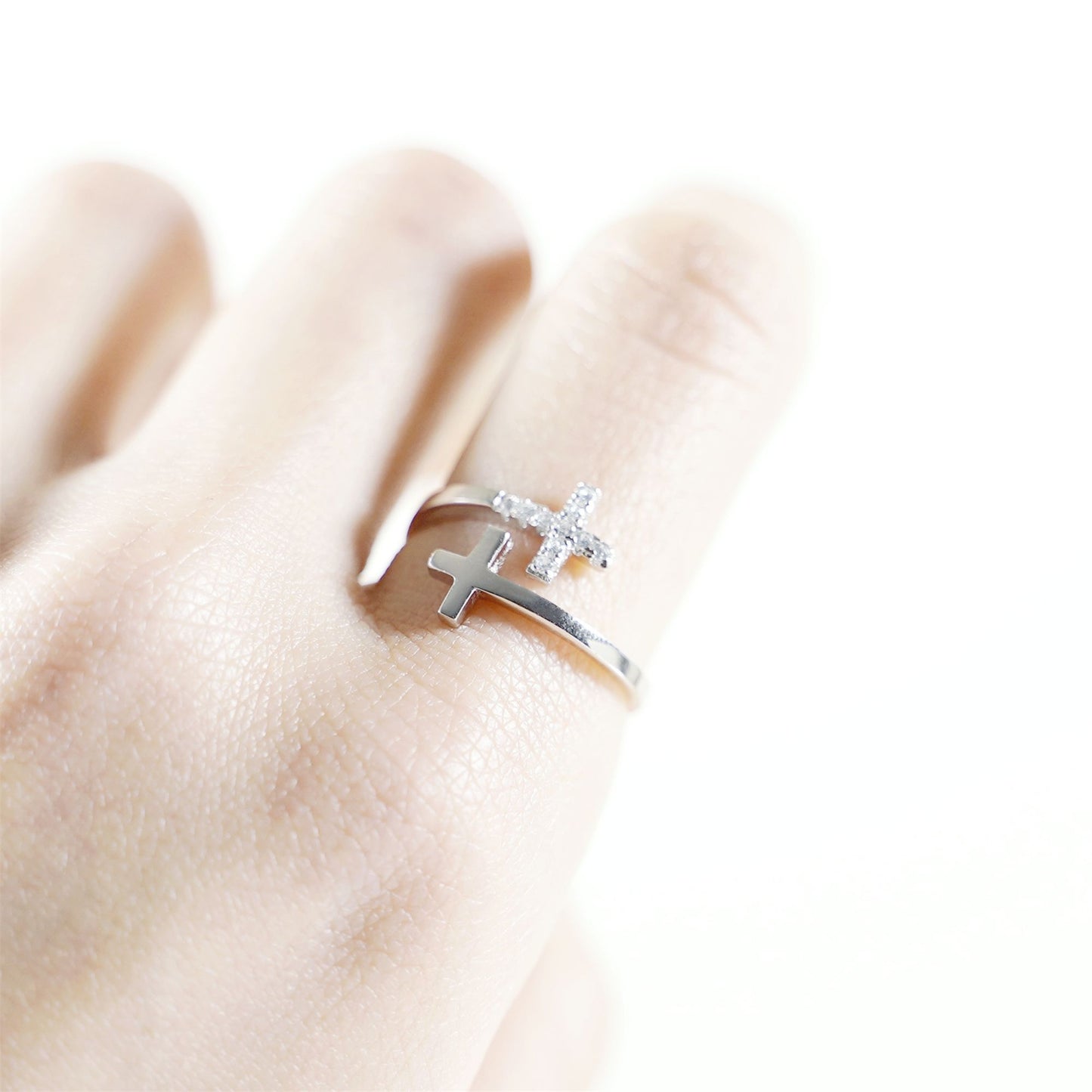 Rhodium on Sterling Silver Double Cross Paved CZ Wrap Open Band Ring - sugarkittenlondon