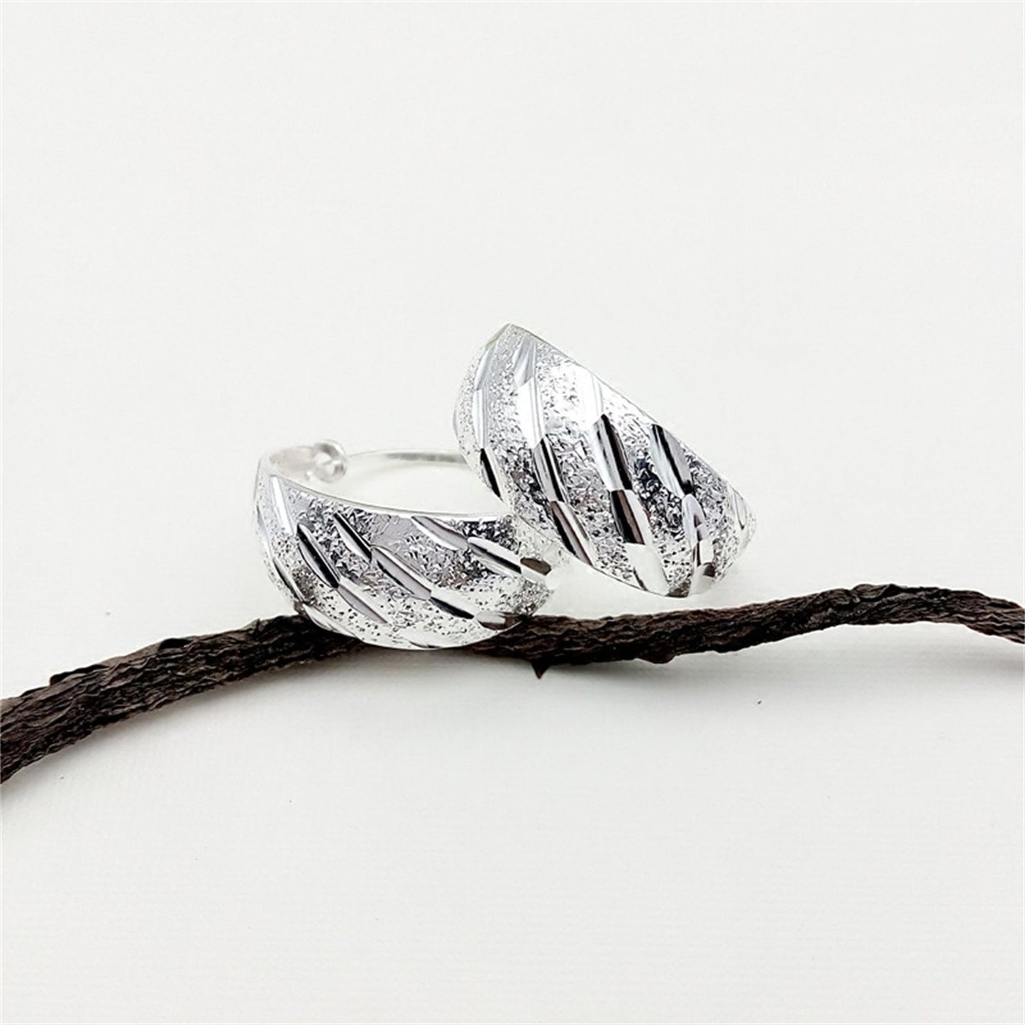 Sterling Silver Wide Diagonal Grooved Sandblasted Dome Sleeper Hoop Earrings