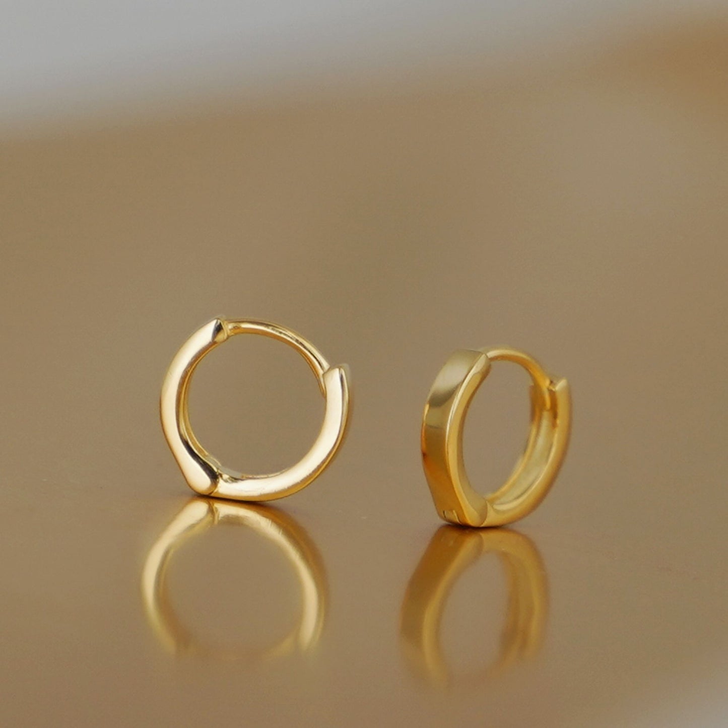 18K Gold Huggie Earrings on Sterling Silver Base, Small 8mm Hoop, 2mm Band, Unisex