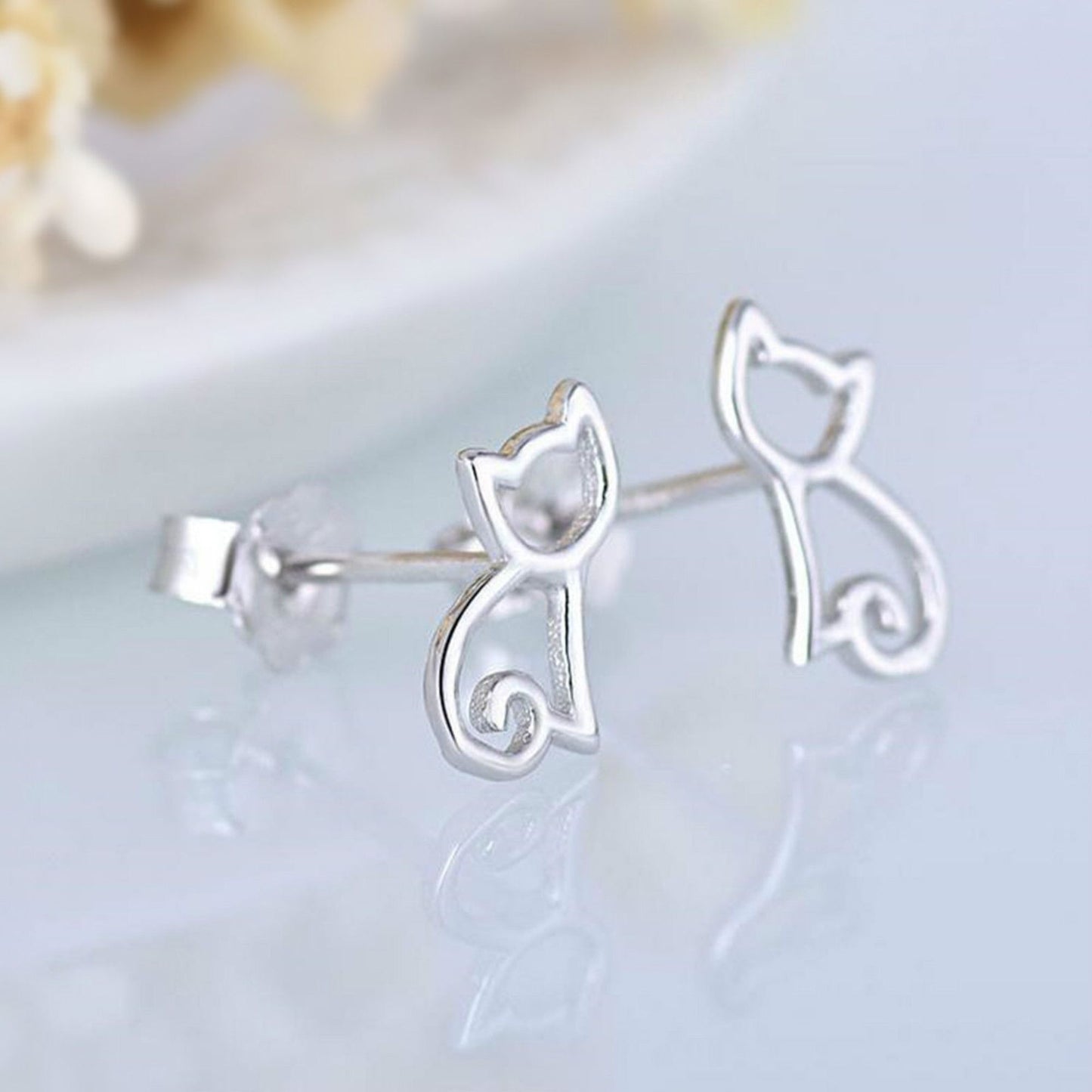 Sterling Silver Hollow Out Cat Kitten Kitty Animal Post Stud Earrings - sugarkittenlondon