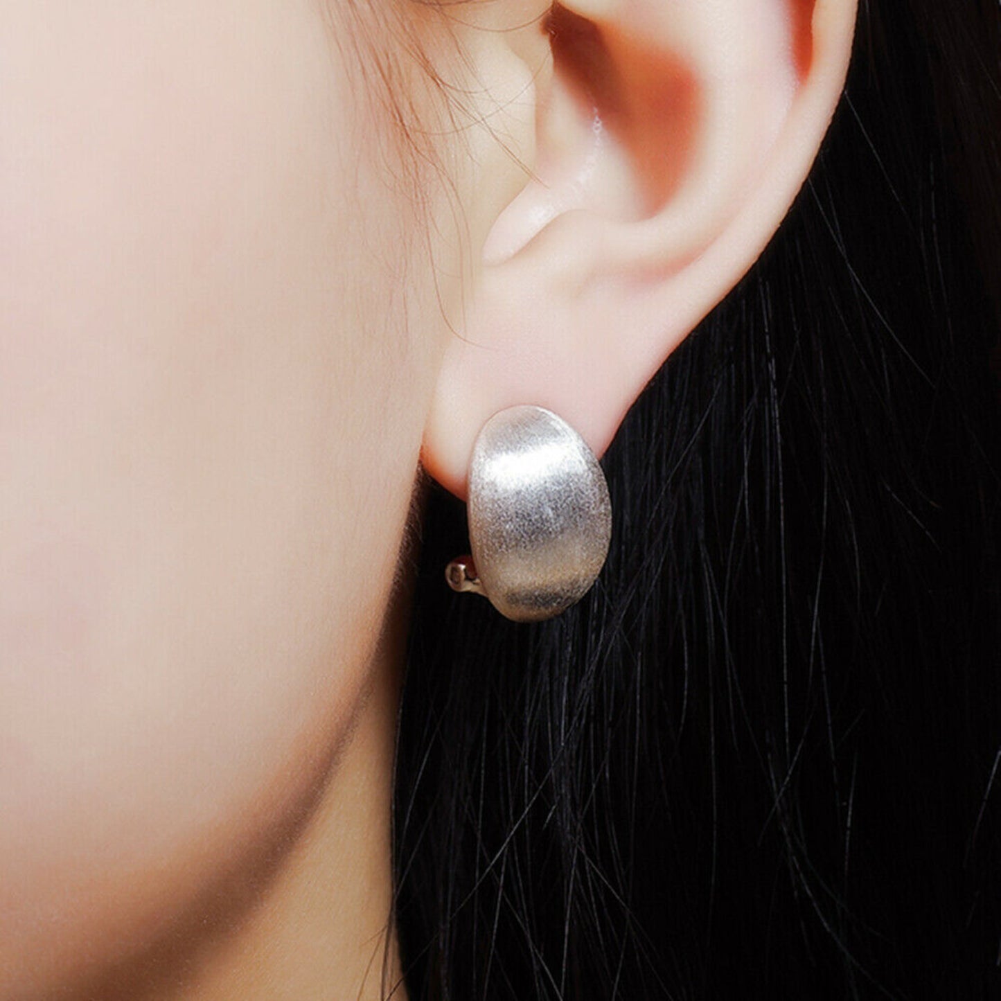 Sterling Silver Omega Back Earrings with Plain Brushed Oval Dome Petals