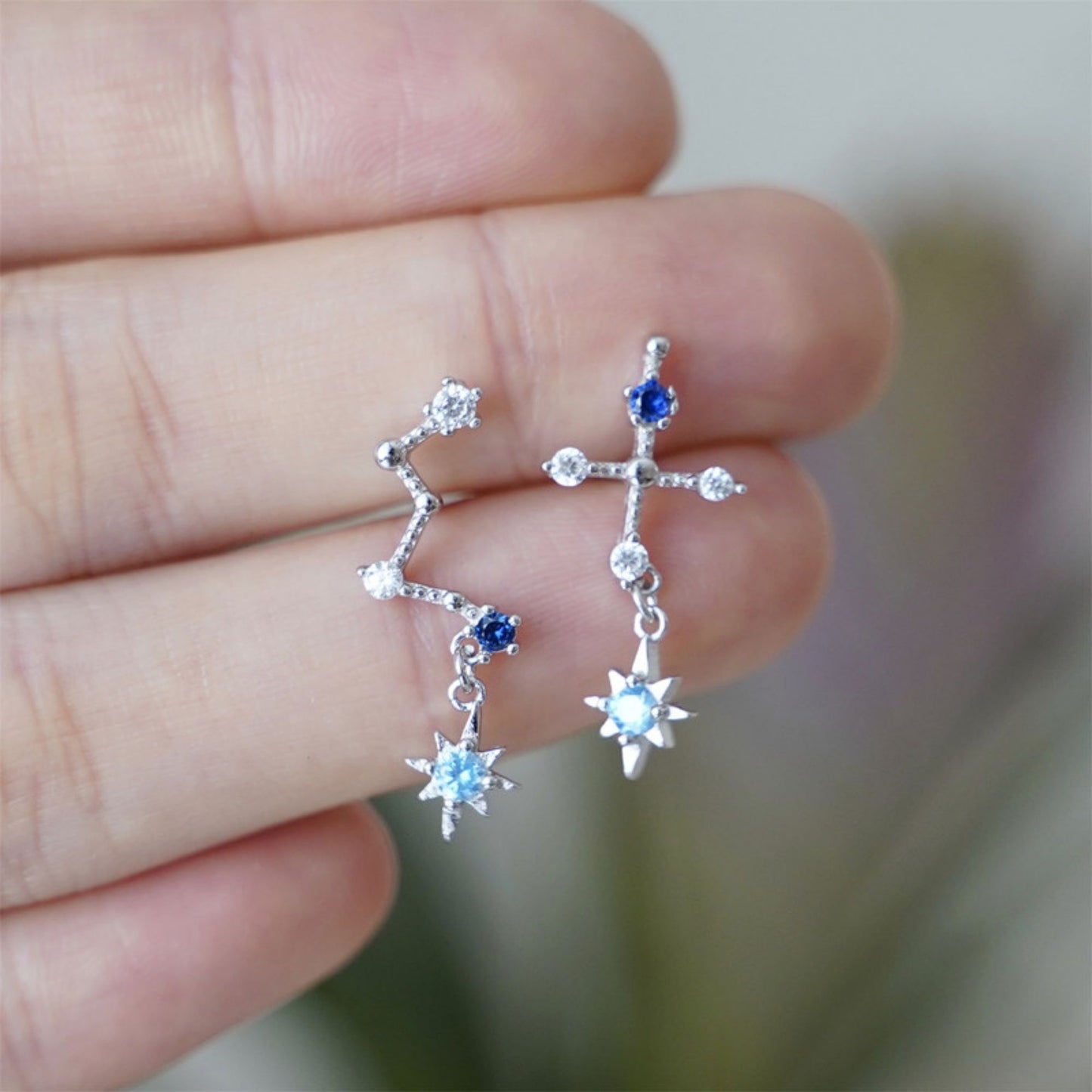 Sterling Silver CZ Big Dipper Blue Polaris Star Cross Climber Drop Earrings - sugarkittenlondon