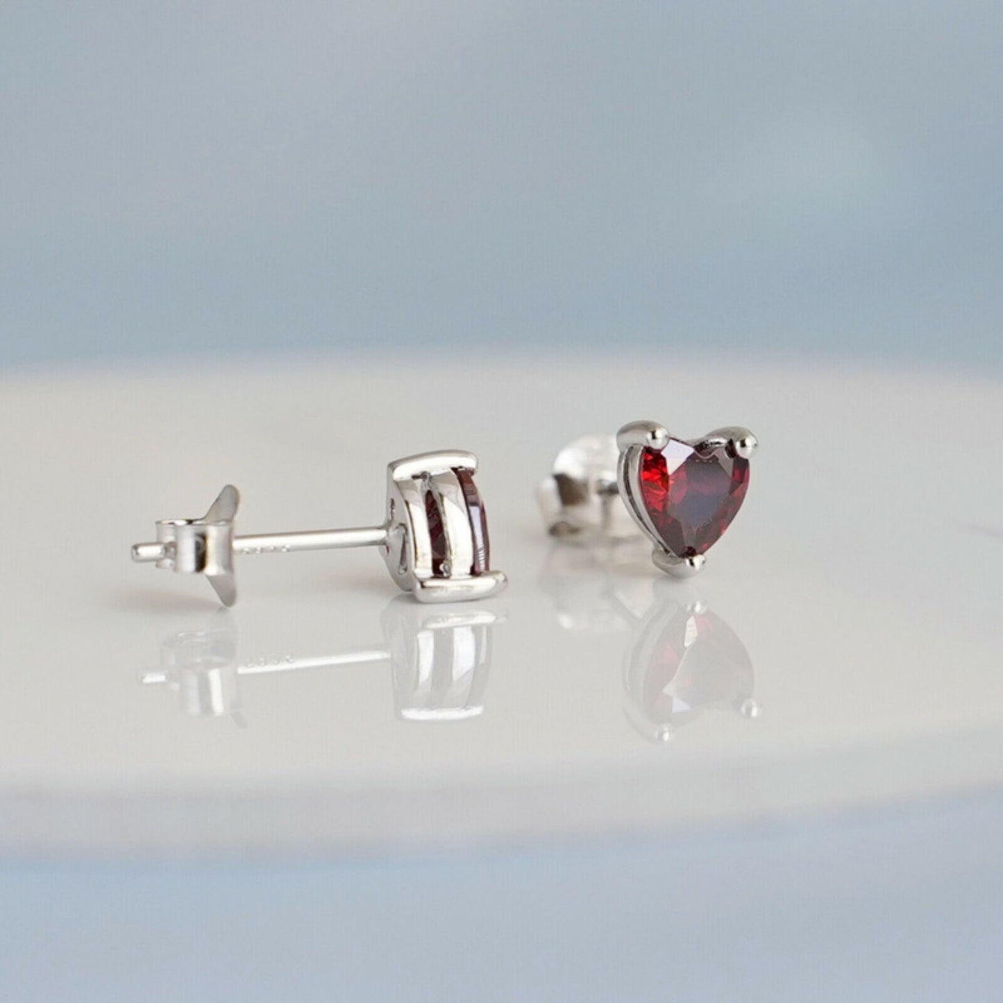 Sterling Silver Red Garnet Cut CZ Heart Shaped Stud Earrings Jewellery - sugarkittenlondon