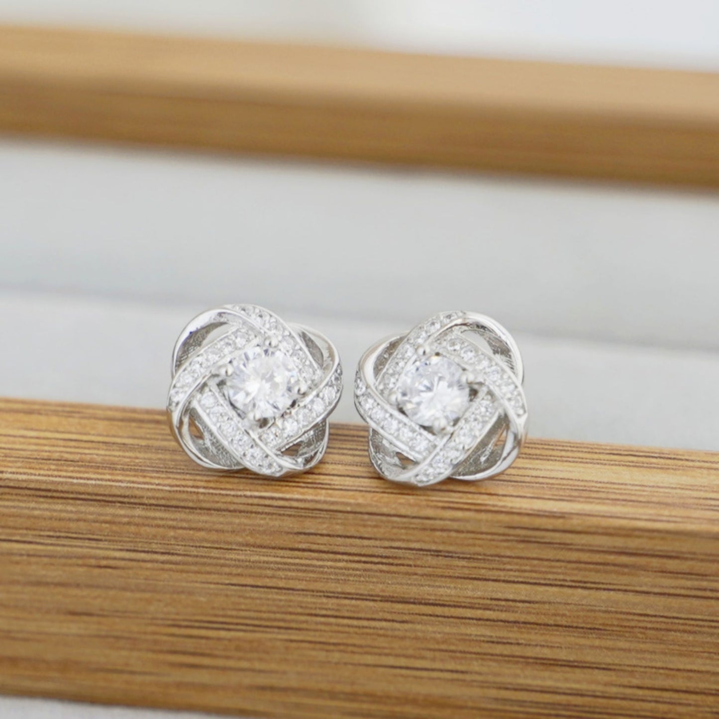 Sterling Silver CZ Halo Knot Flower Stud Earrings Jewellery Women Lady II - sugarkittenlondon