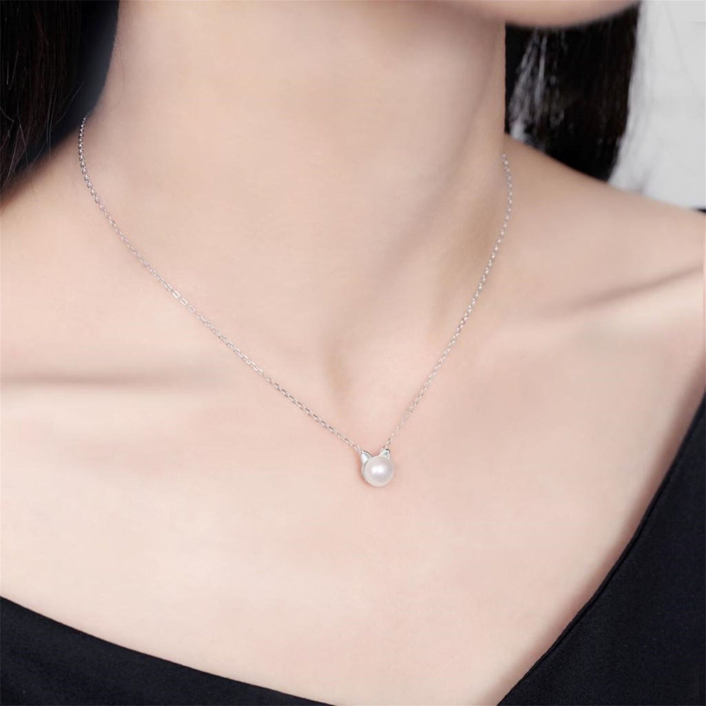 Sterling Silver 7mm Cultured Freshwater Pearl Cat Kitten Stud Earrings Pendant Necklace 3 Tones - sugarkittenlondon