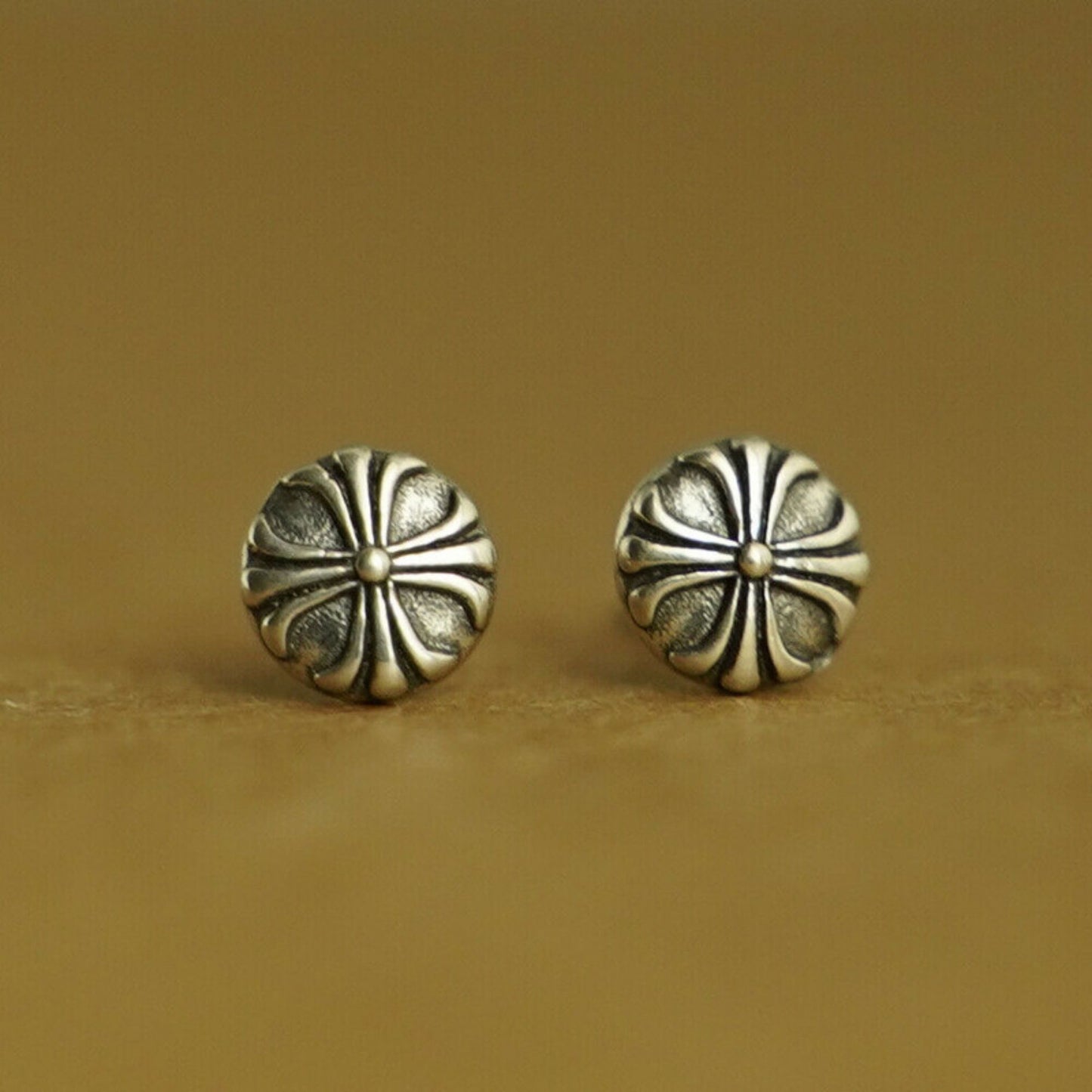 Sterling Silver 6mm Oxidized Retro Fleury Cross Dot Stud Earrings