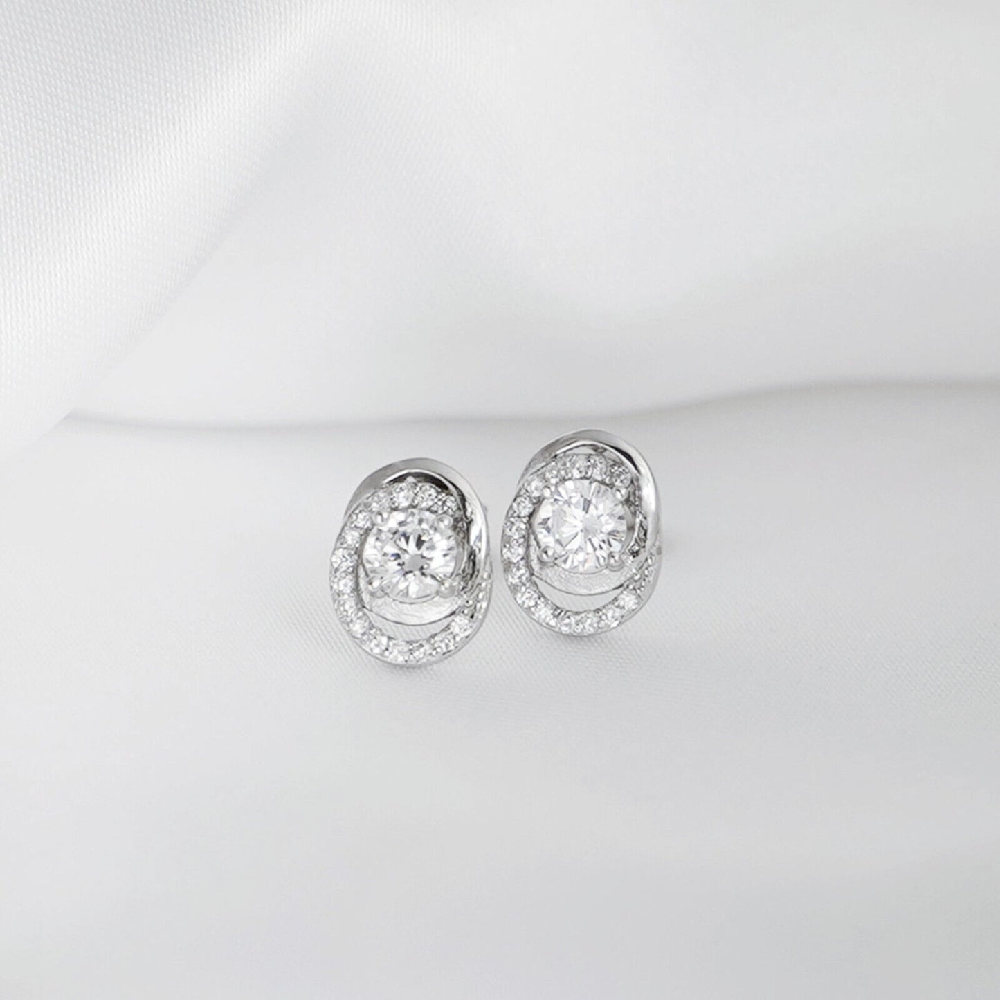 Stunning Rhodium-Plated Sterling Silver Halo Stud Earrings with 5mm CZ Ovals