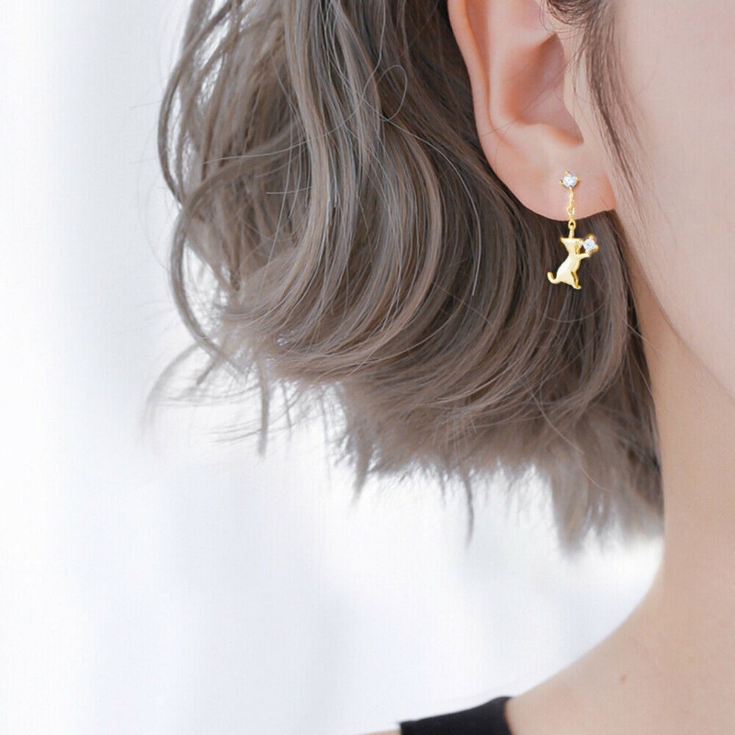 18K Gold Plated Sterling Silver Kitten Drop Stud Earrings with CZ