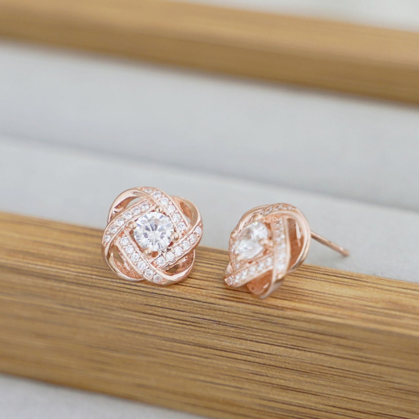 Rose Gold on Sterling Silver CZ Halo Knot Flower Stud Earrings Jewellery Lady II - sugarkittenlondon