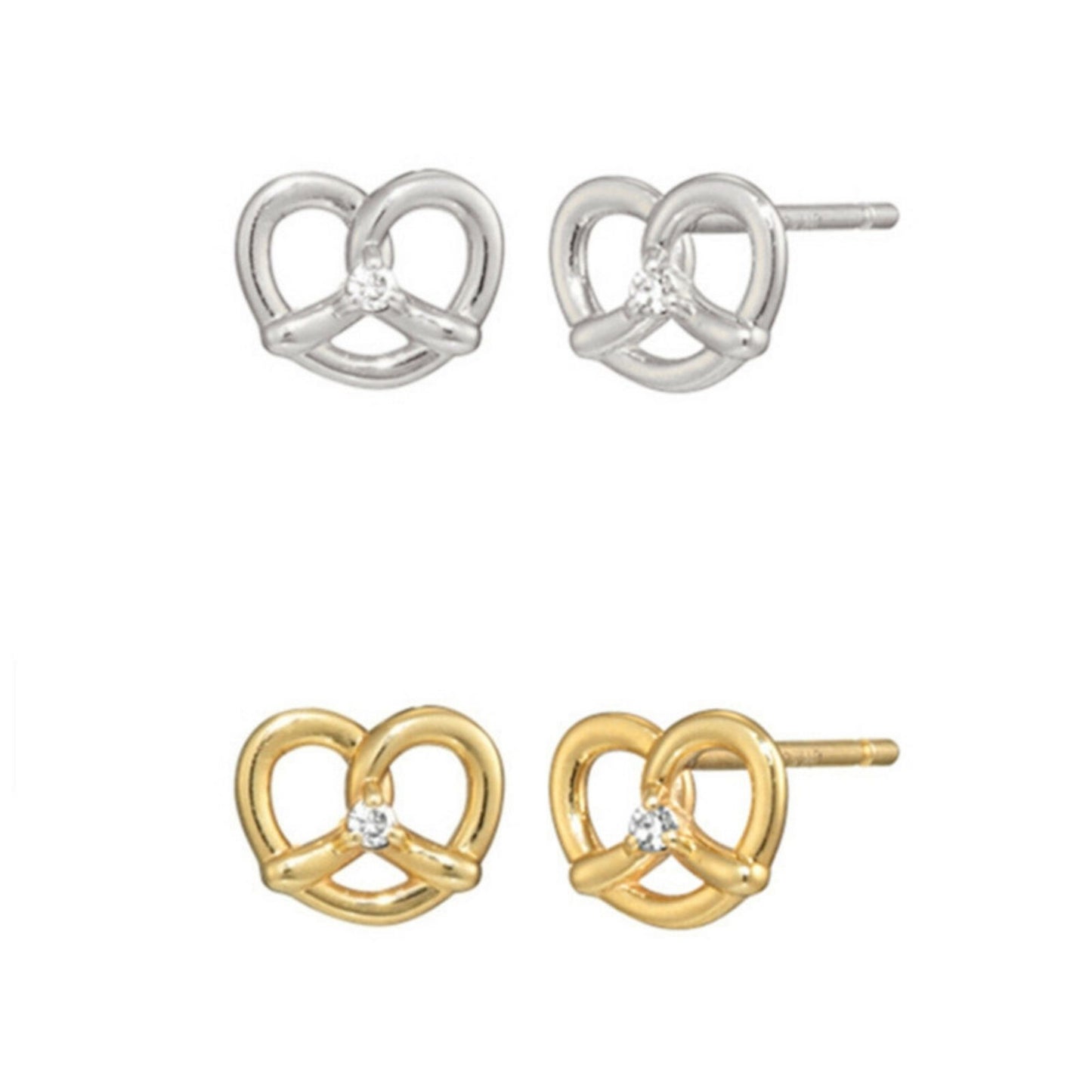Sterling Silver Mini CZ Pretzel Love Heart Knot Post Girls Studs 2 Tones - sugarkittenlondon