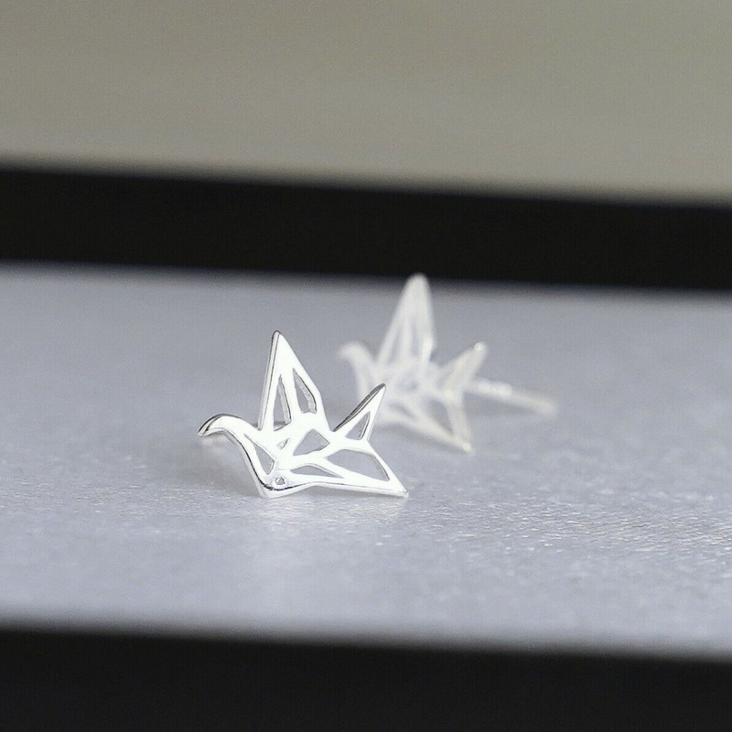 Sterling Silver Shiny Polished Origami Crane Bird Girls Stud Earrings - sugarkittenlondon