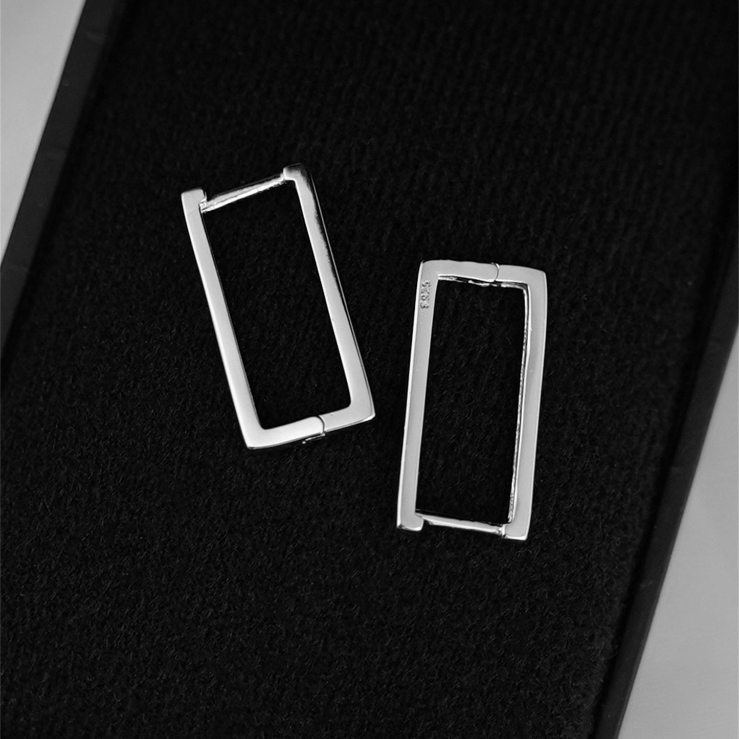 Long Line Square Huggie Hoop Drop Earrings in Rhodium-plated Sterling Silver