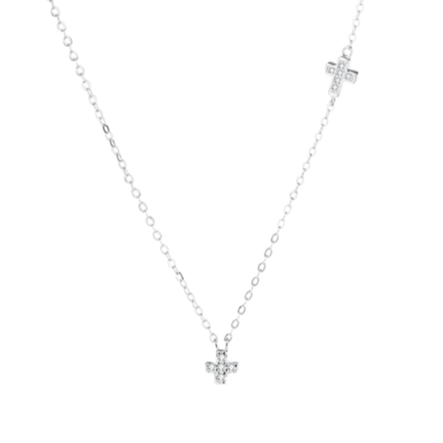 SKL Sterling Silver Double Cross Micro Pave Cz Sideways Horizontal Charm Necklace - sugarkittenlondon