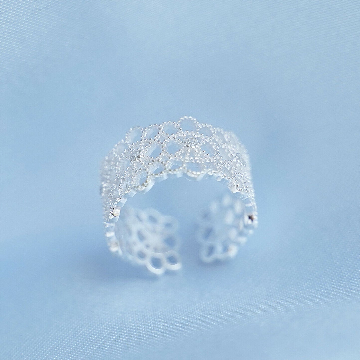 Sterling Silver CZ Filigree Lace Floral Wide Open Band Ring - sugarkittenlondon