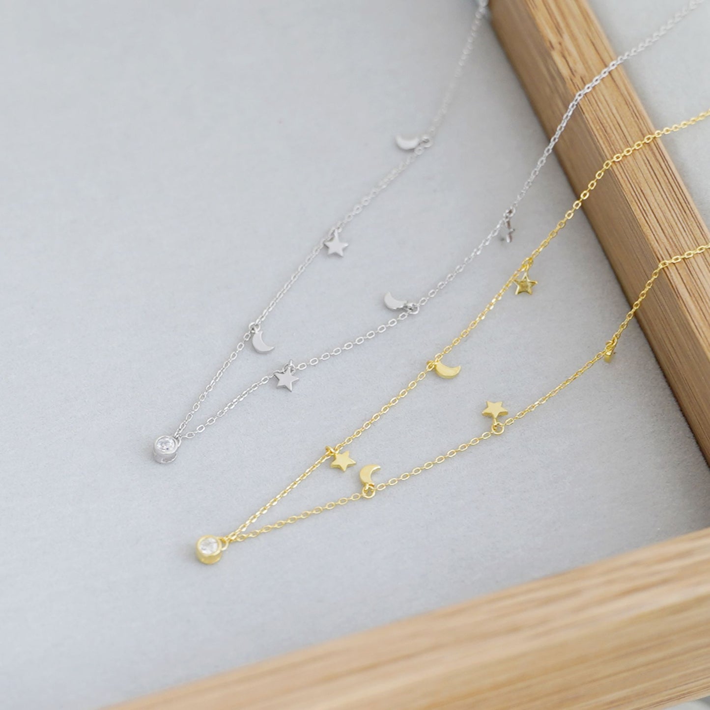 Sterling Silver Mini Star Crescent Moon Bezel Solitaire Charm Drip Necklace 2 Tones - sugarkittenlondon