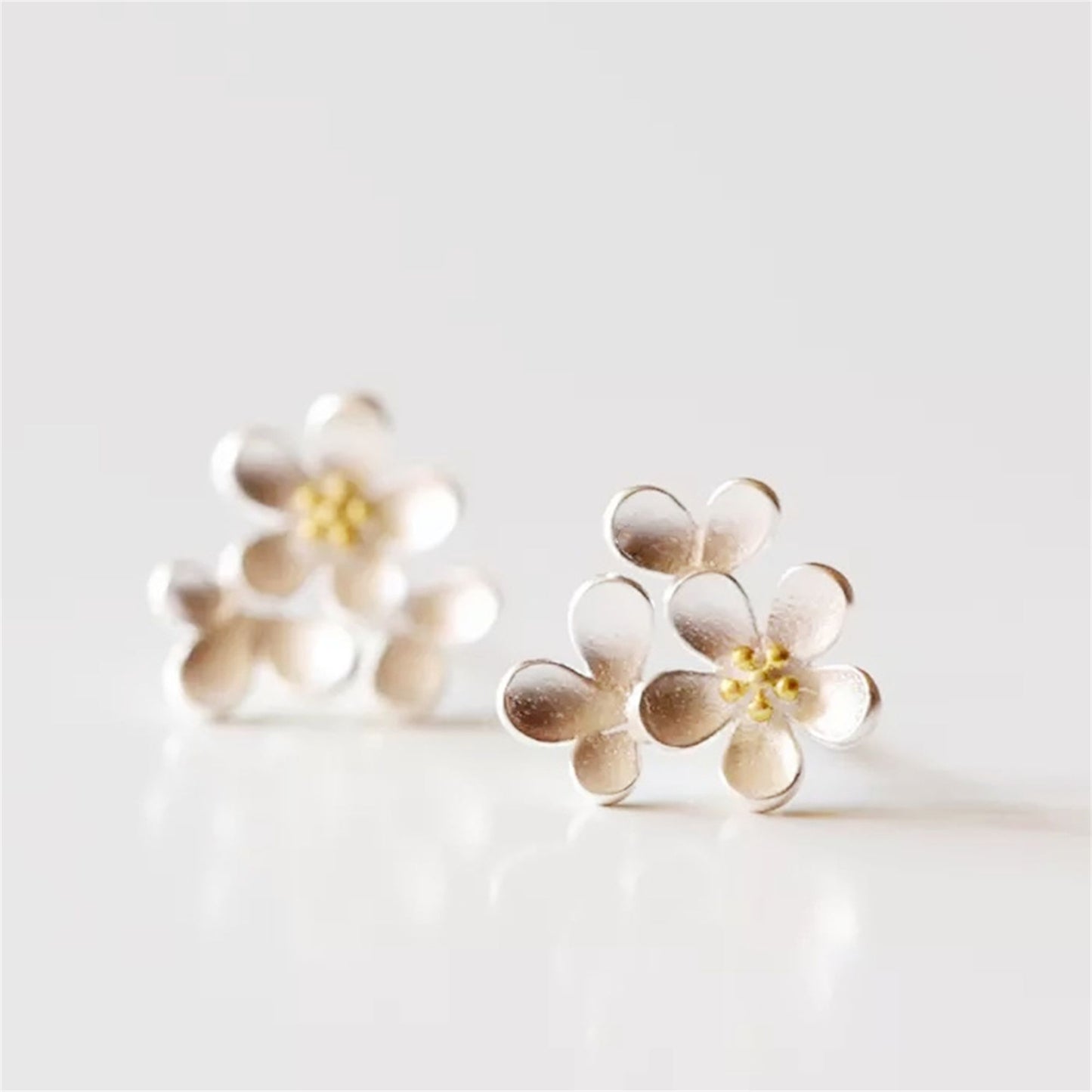 Sterling Silver Cupped Flower Cherry Blossom Cascade Stud Earrings - sugarkittenlondon