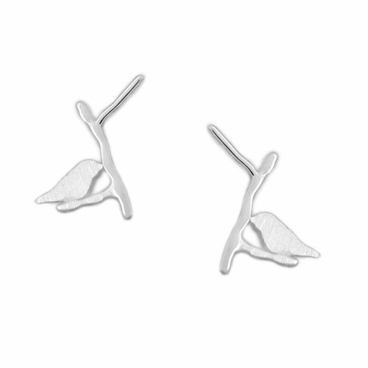 Sterling Silver Shiny Brushed Bird On A Polished Branch Stud Earrings - sugarkittenlondon