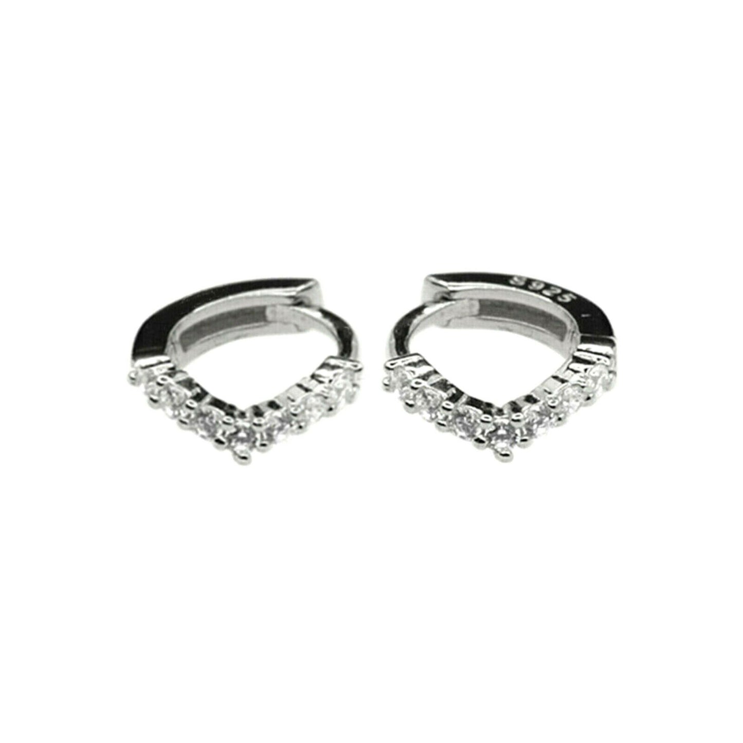 6mm-8mm Sterling Silver Wishbone CZ Huggie Lobe Earrings with Plain Bead Edge
