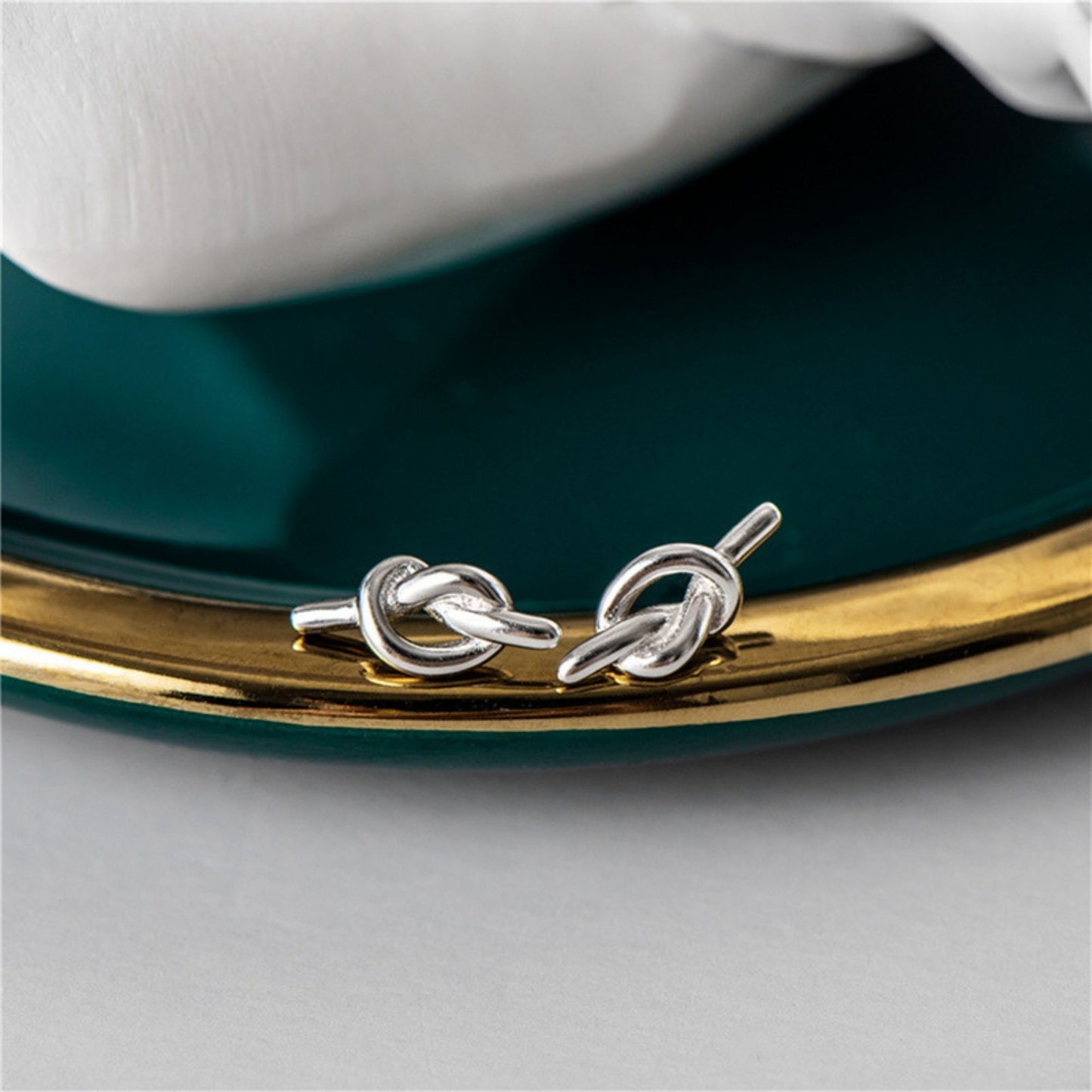 Rhodium on Sterling Silver Solid Love Heart Knot Pretzel Knot Stud Earrings - sugarkittenlondon