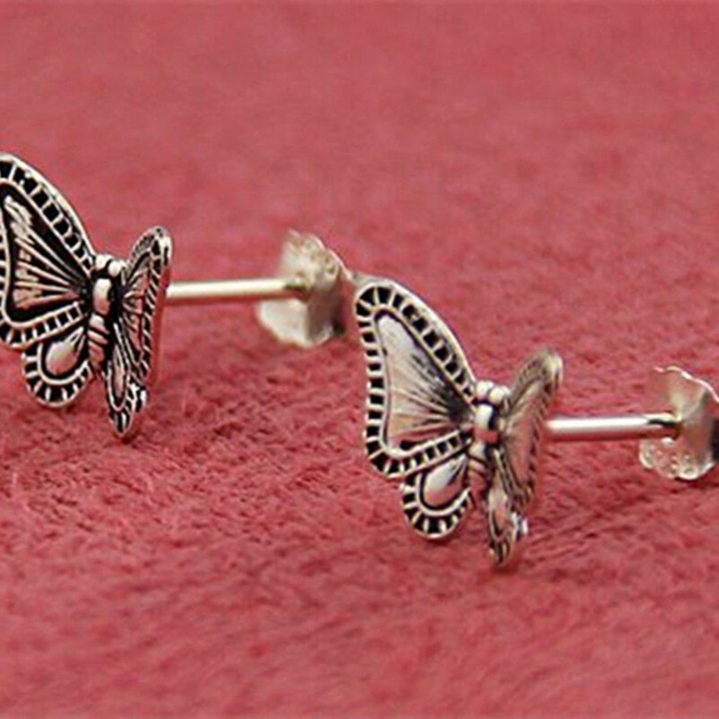 Sterling Silver Butterfly Studs Oxidized Dark Vintage Post Earrings - sugarkittenlondon