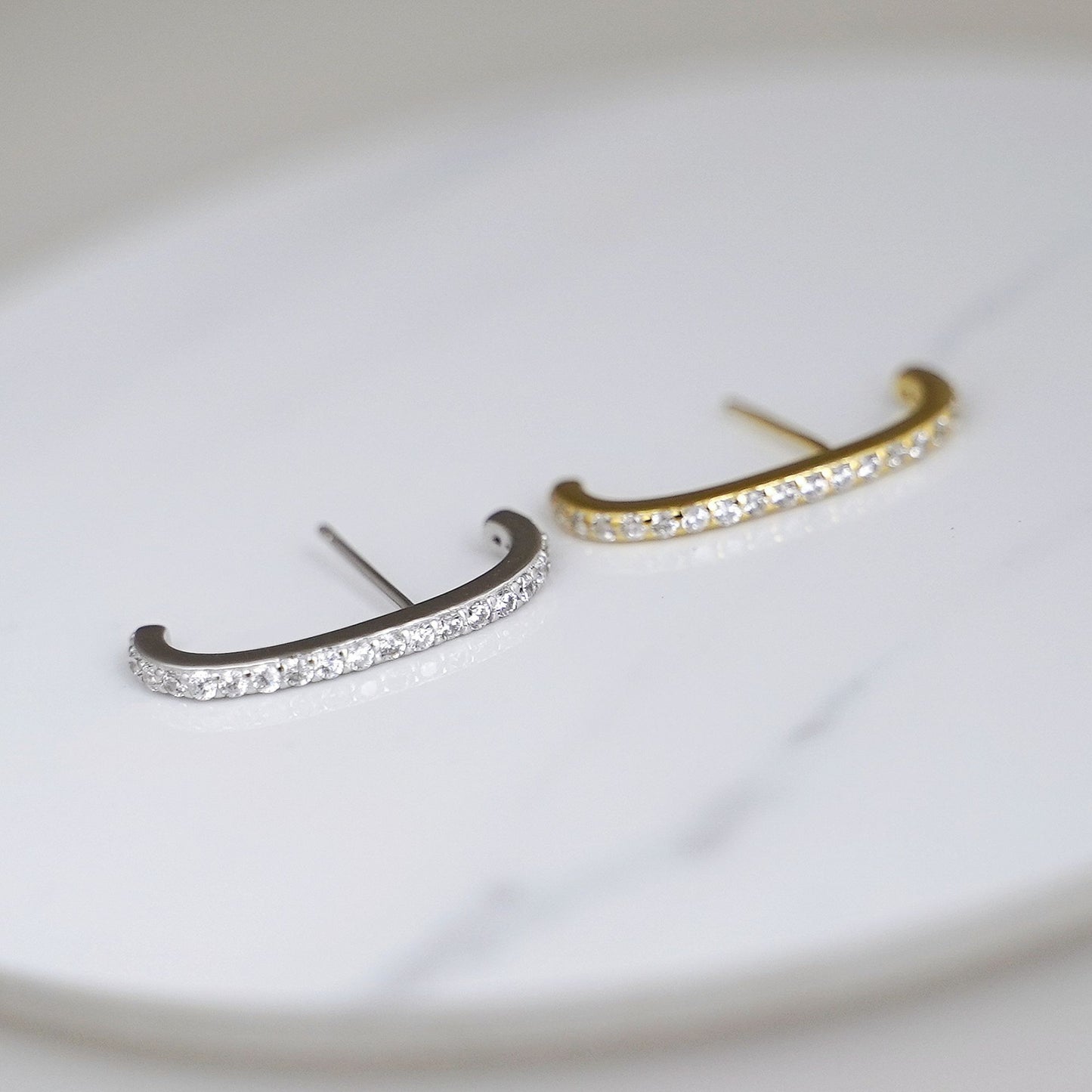 18K Gold Eternity Suspender Line Cuff Stud Earrings with Paved CZ