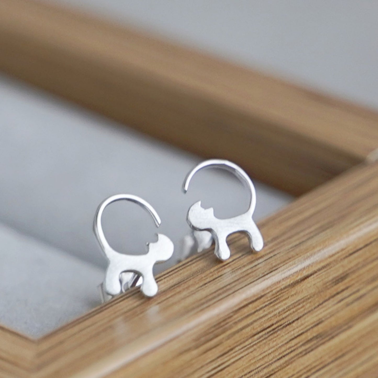 Sterling Silver Brushed Playful Cat Kitten Kitty Raised Tail Stud Earrings - sugarkittenlondon