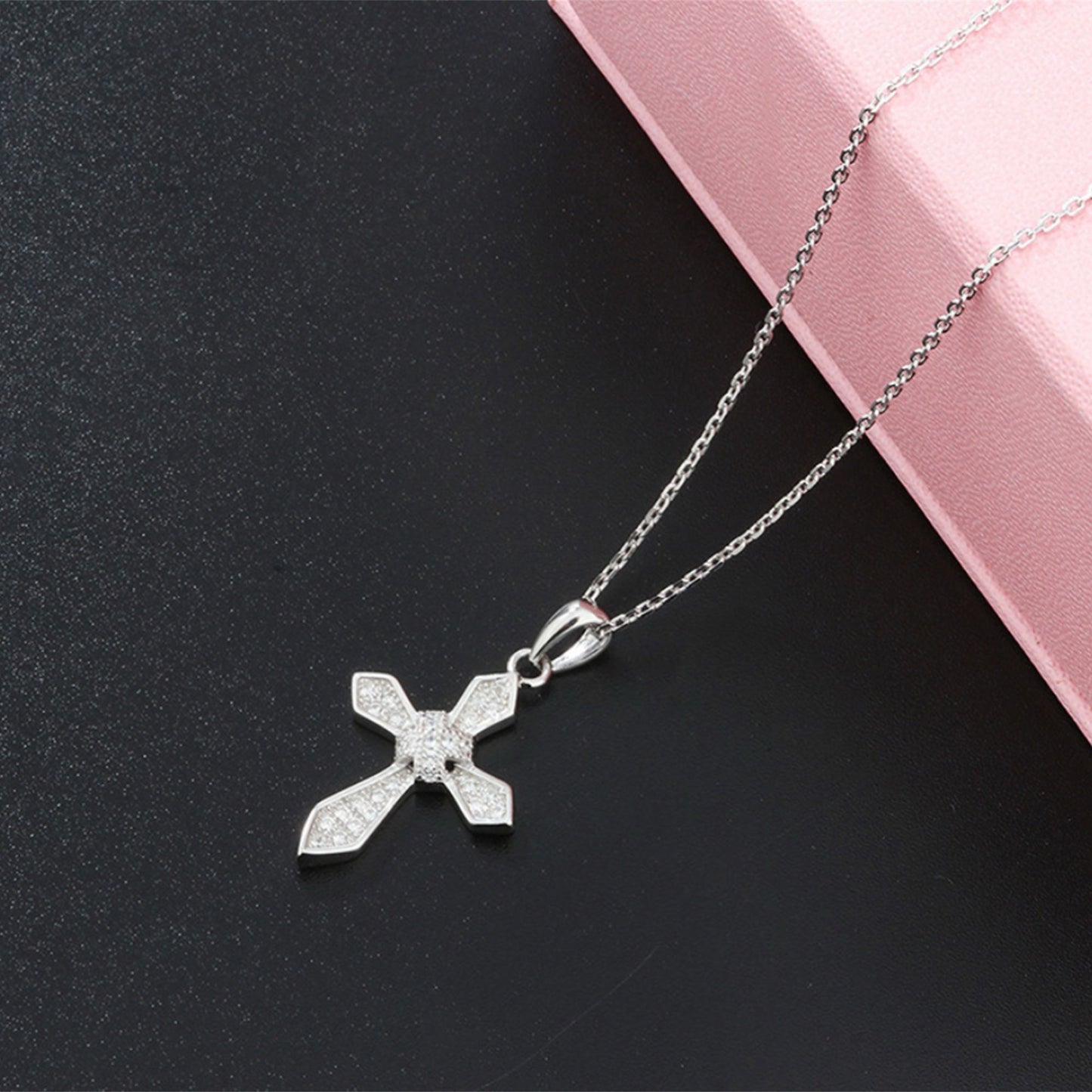 Sterling Silver Passion Cross Diagonal Cross Centre Paved CZ Pendant Necklace - sugarkittenlondon