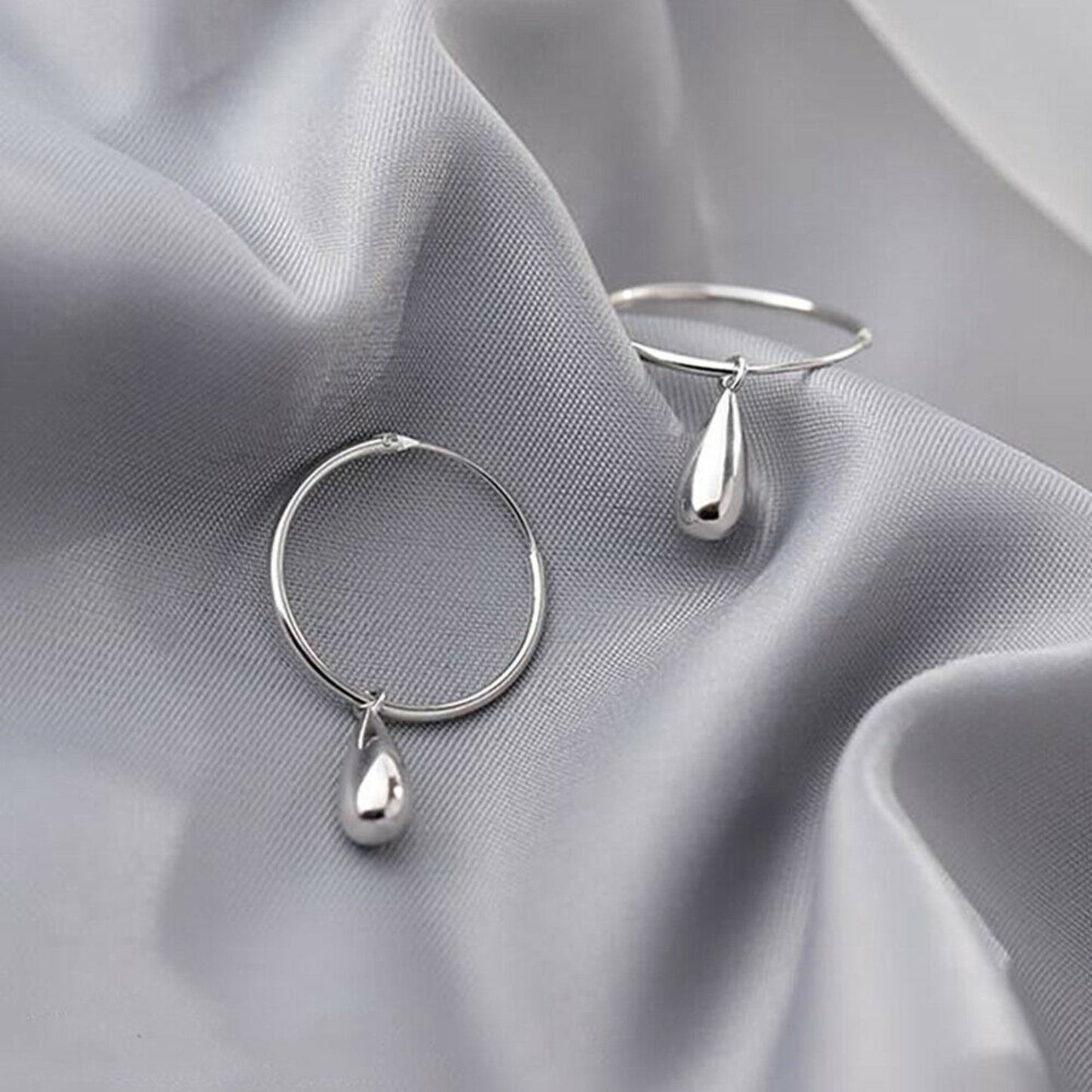 Rhodium-Plated Sterling Silver 20mm Hinged Hoop Circle Sleeper Teardrop Earrings