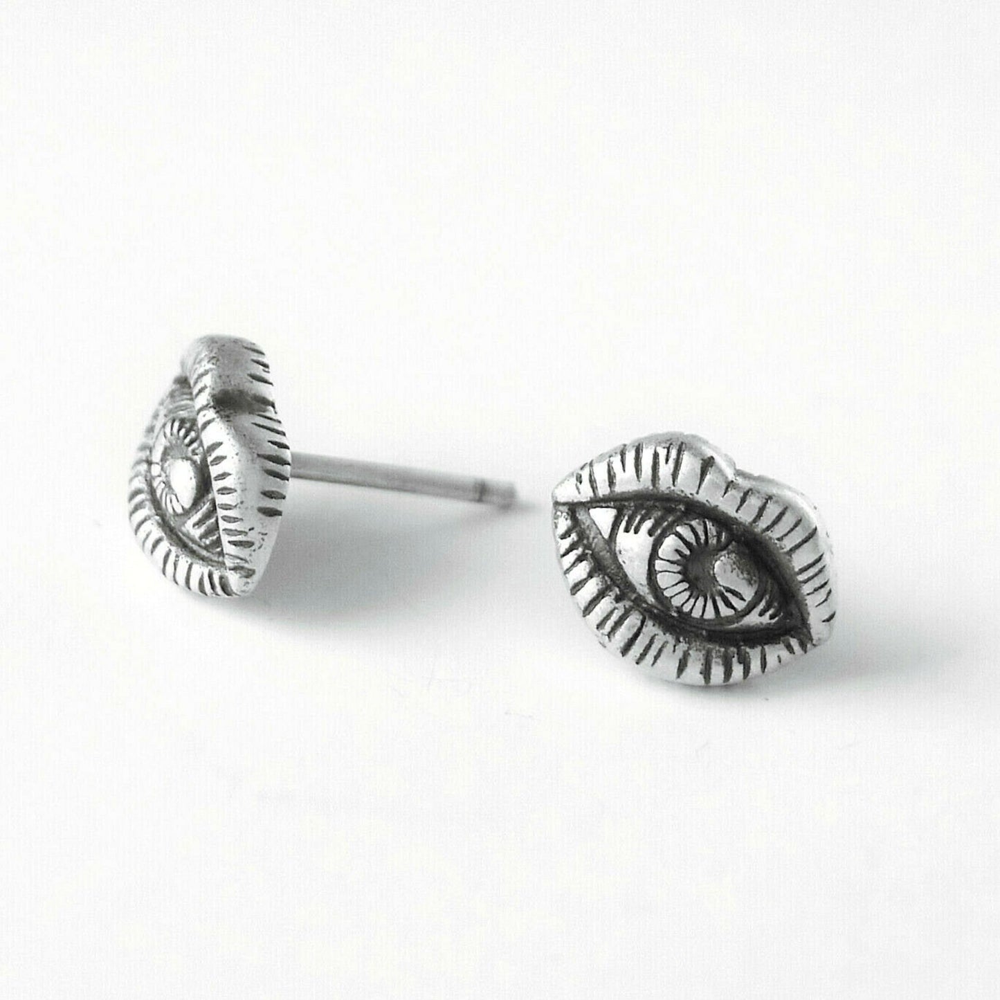 Sterling Silver Oxidized All Seeing Eye Creepy Eye Lips Stud Earrings - sugarkittenlondon
