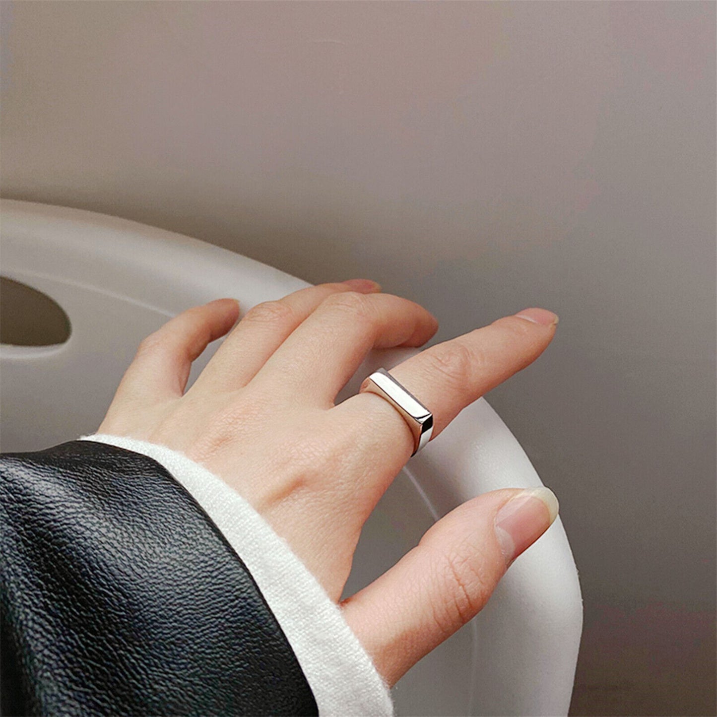 Rhodium on Sterling Silver Polished Plain Square Unisex Signet Open Band Ring - sugarkittenlondon
