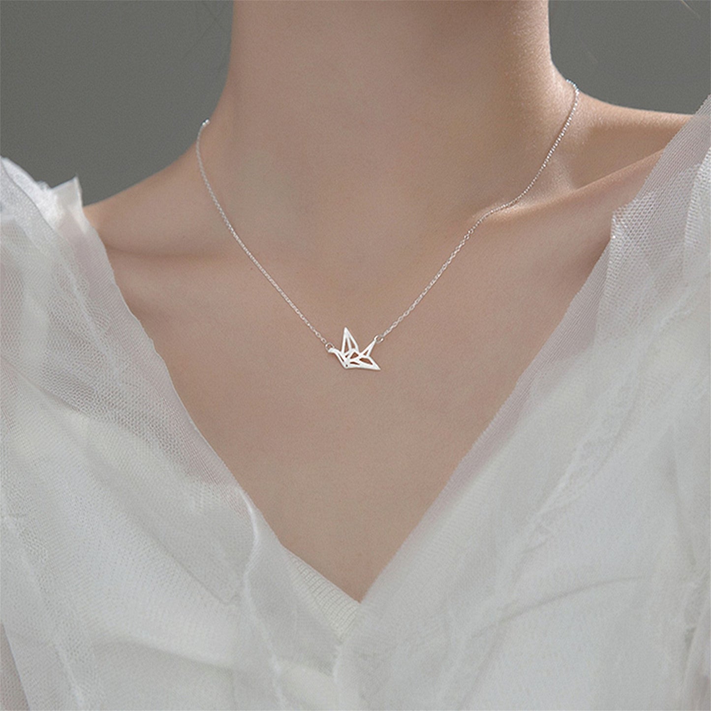 Sterling Silver Matte Brushed Origami Crane Bird Charm Pendant Necklace - sugarkittenlondon