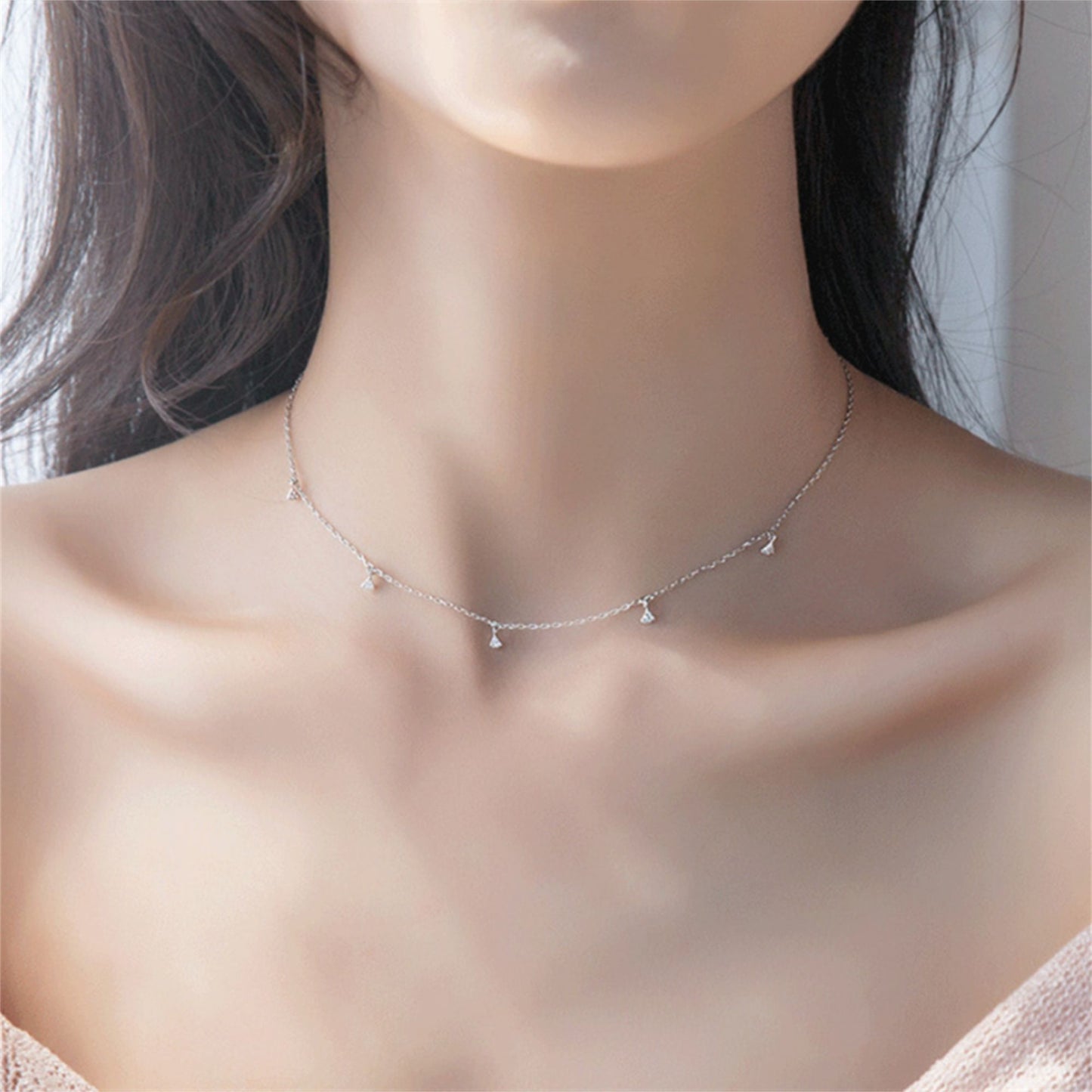 Sterling Silver Micro Pave CZ Mini Fan Charms Drip Choker Necklace - sugarkittenlondon